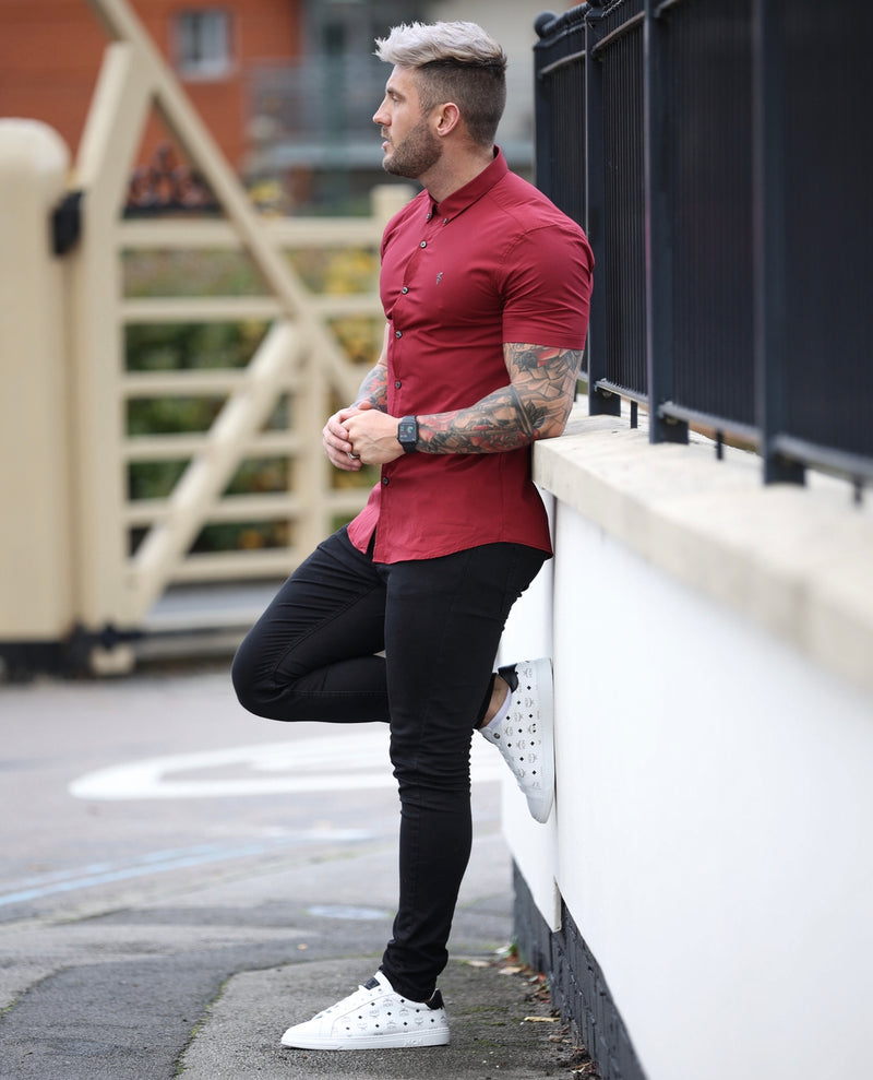 Father Sons Super Slim Stretch Classic Ox Blood Short Sleeve With Button Down Collar -  FS820