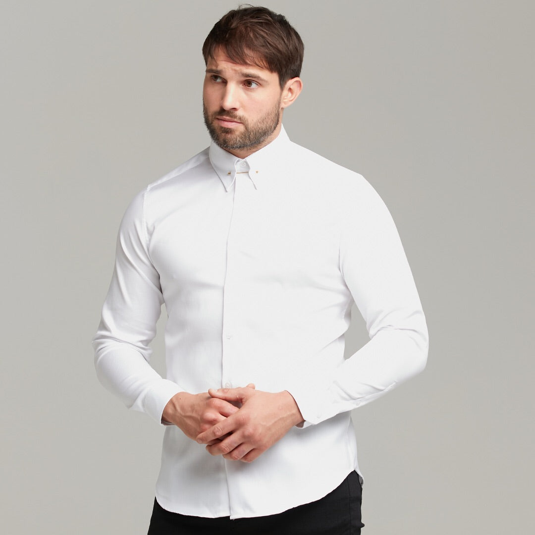 Classic White Regular Stretch Shirt with Gold Pin Collar and White Embroidery - FS593