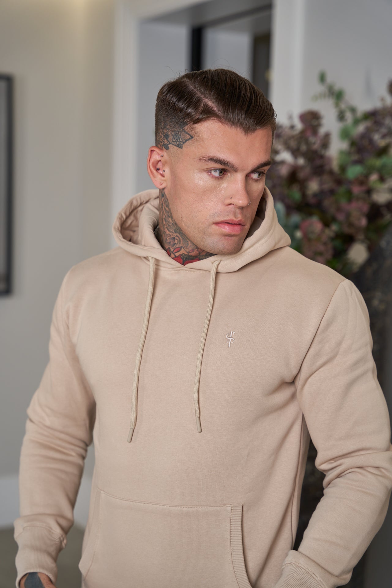 Beige Kangaroo Hoodie Top with FS Embroidery - FSH695