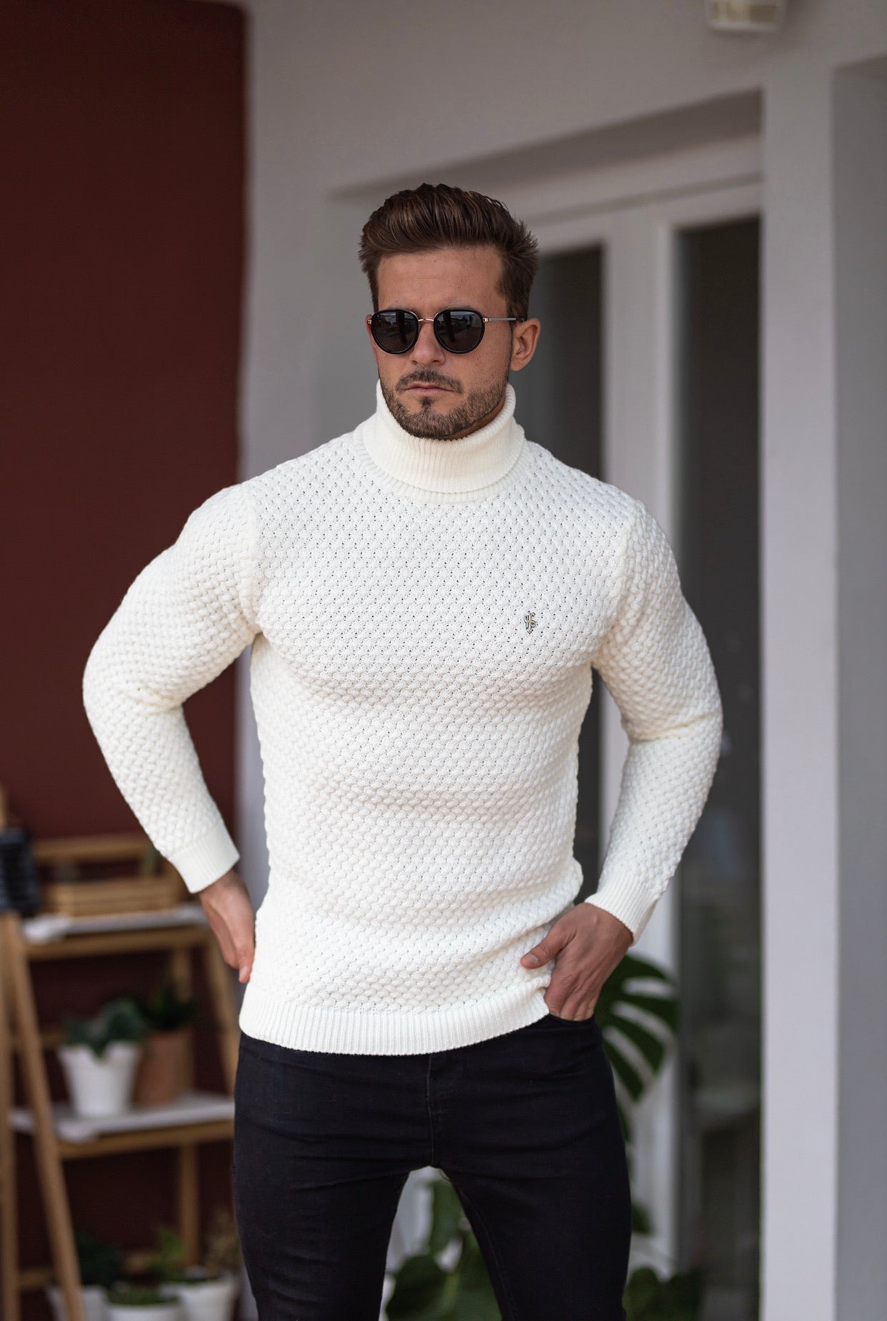 Cream Knitted Roll Neck Weave Super Slim Jumper With Metal Decal - FSJ026