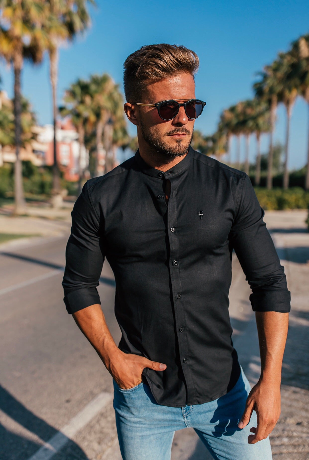 Super Slim Oxford Stretch Grandad Collar Classic Black Oxford - FS581