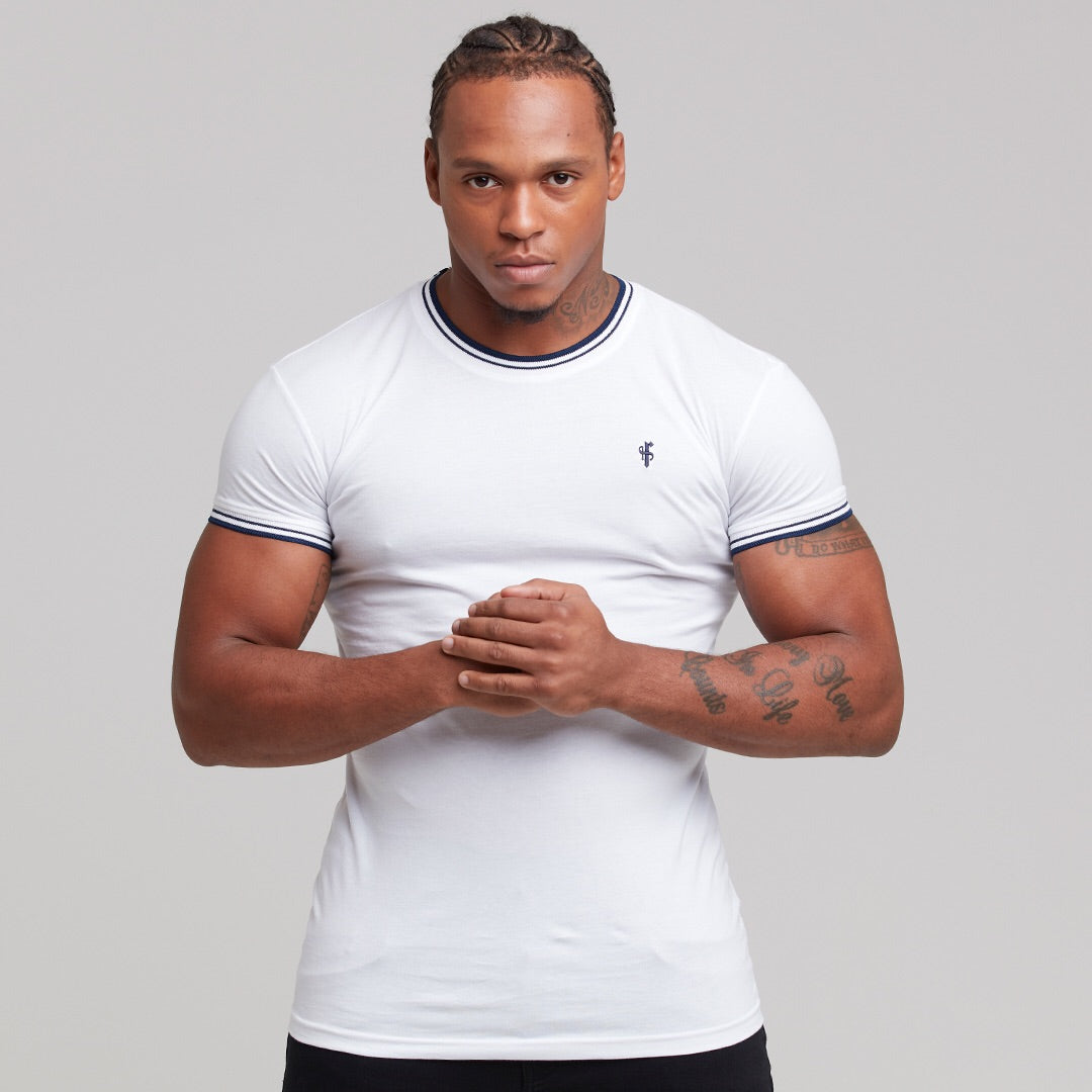 White with Navy Contrast Crew - FSH264