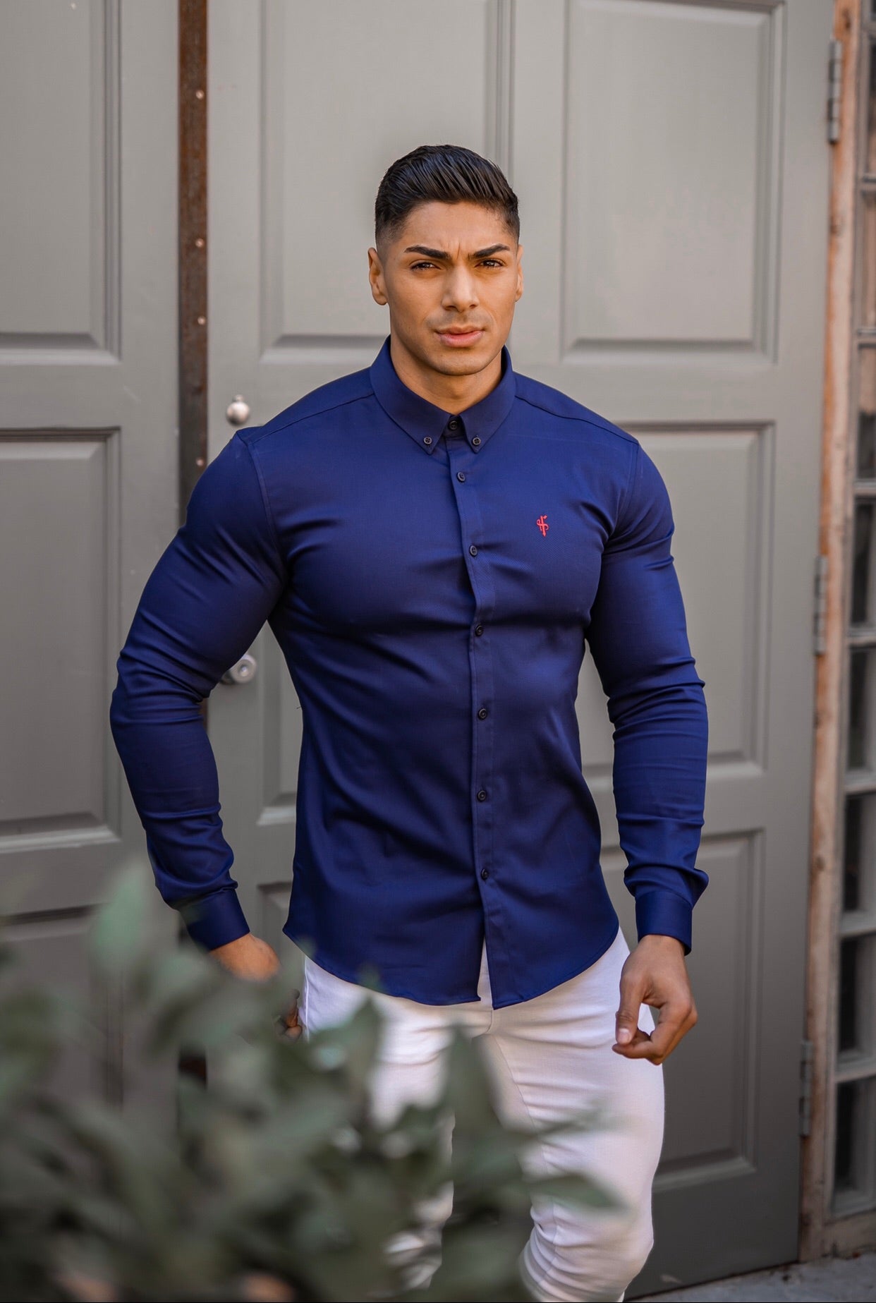 Super Slim Stretch Navy Denim Long Sleeve (Red Emblem) - FS207