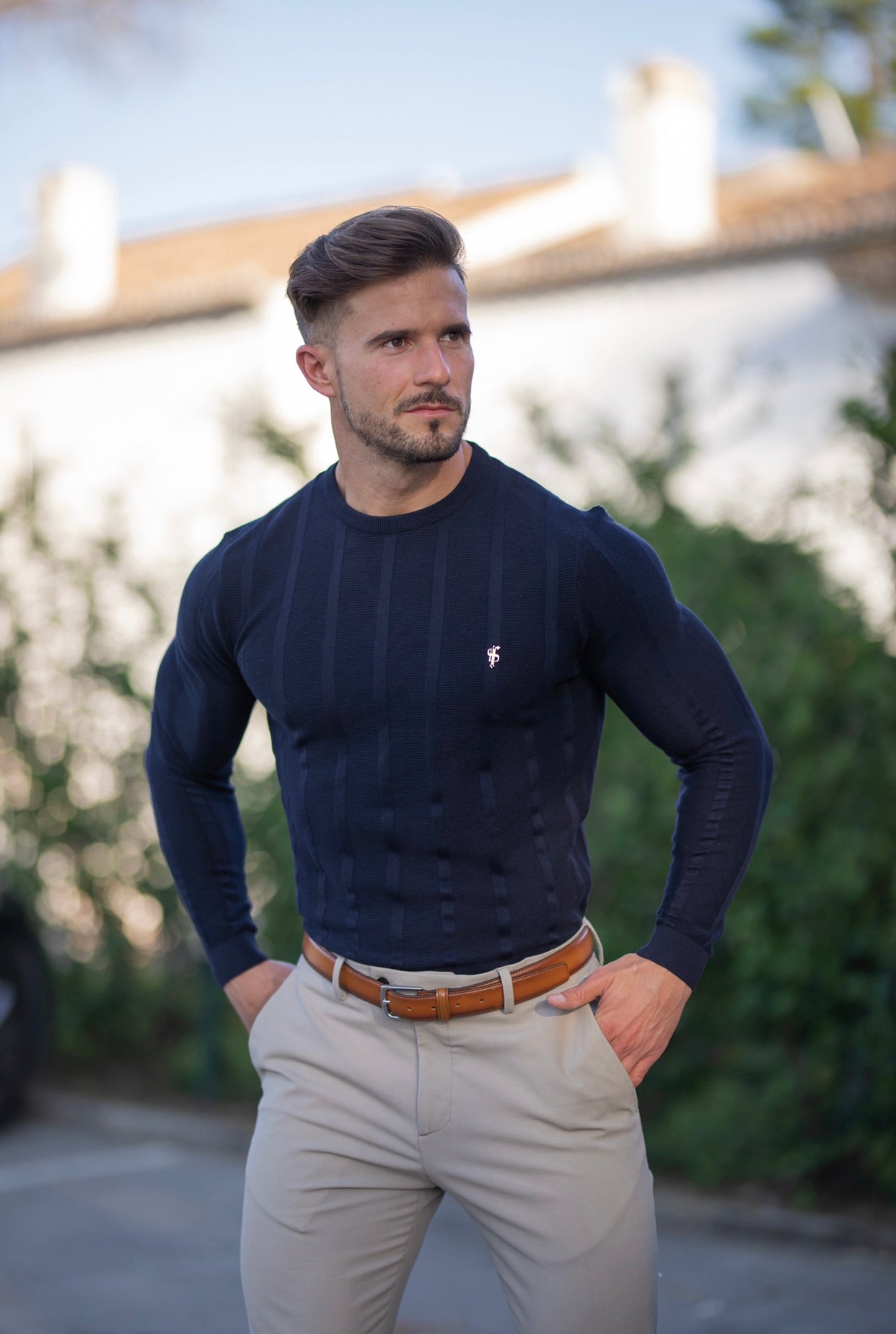 Classic Long Sleeve Navy Knitted Wide Rib Crew with Gold Emblem - FSH605