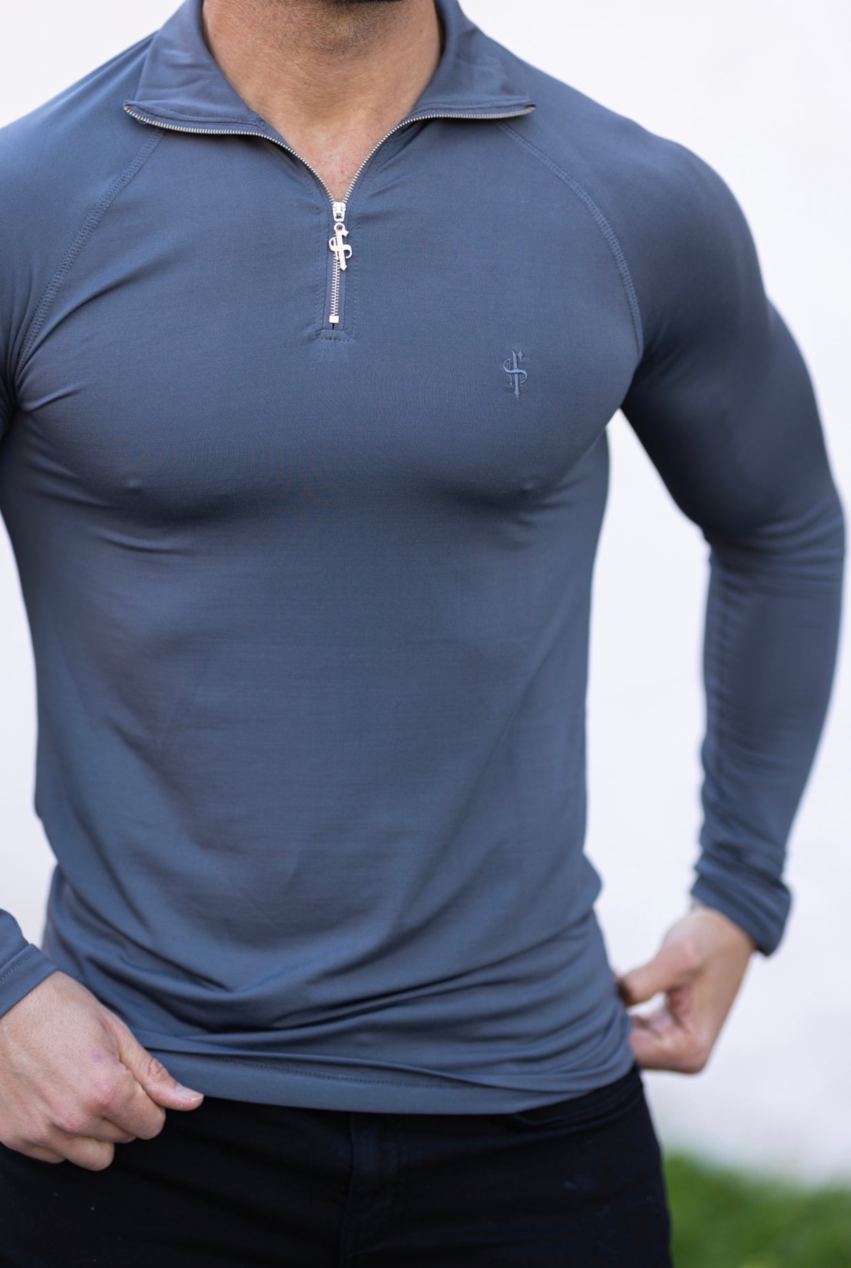 Long Sleeve Slate Grey Half Zip Gym Top - FSH693