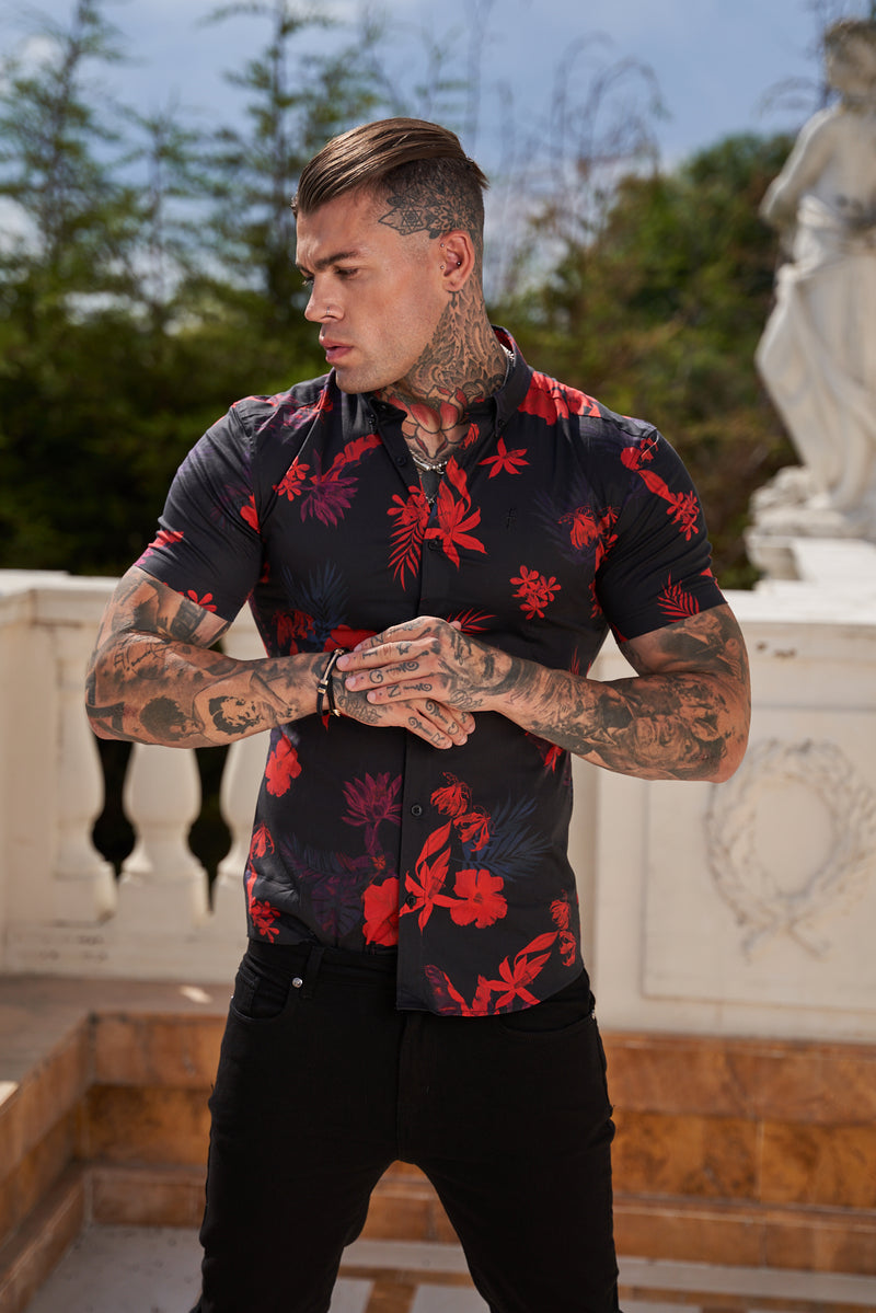 Father Sons Super Slim Stretch Black and Red Floral Print Short Sleeve with Button Down Collar - FS767