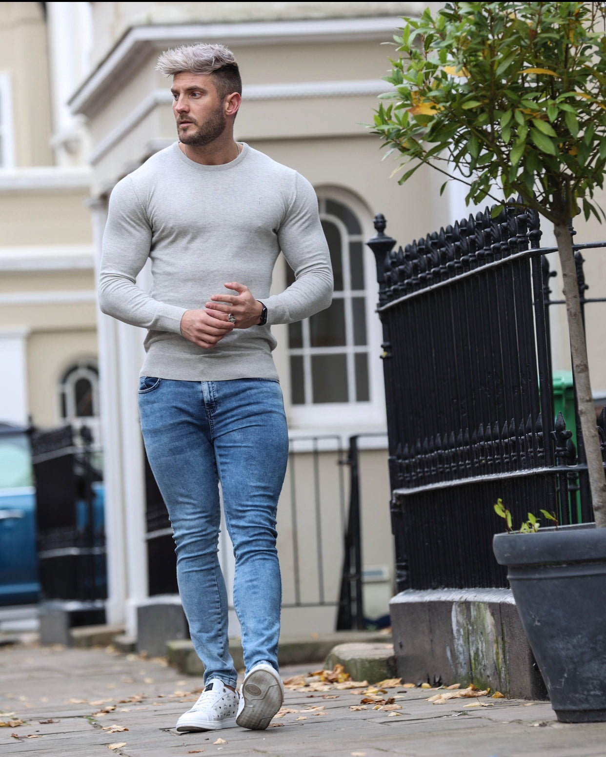 Classic Light Grey Marl Crew Neck Knitted Jumper with Tonal Emblem - FSH674