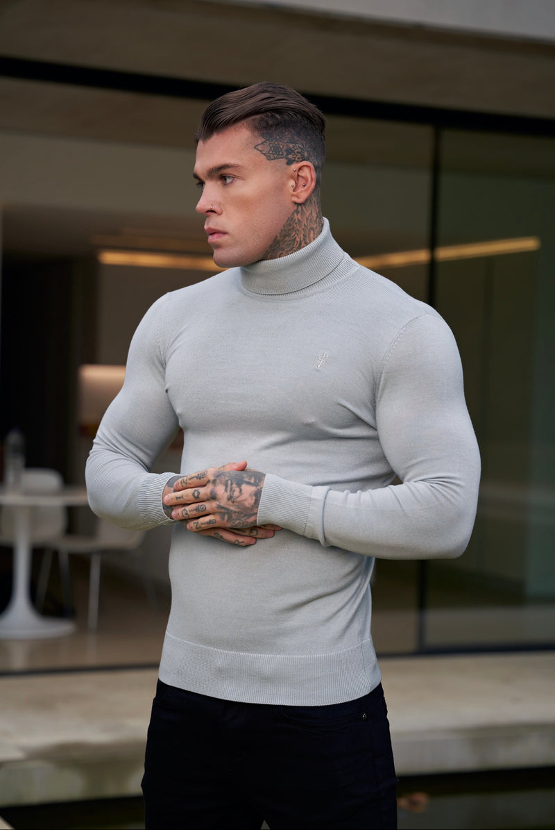 Father Sons Classic Grey Roll Neck Merino Wool Knitted Jumper With FS Embroidery - FSN013