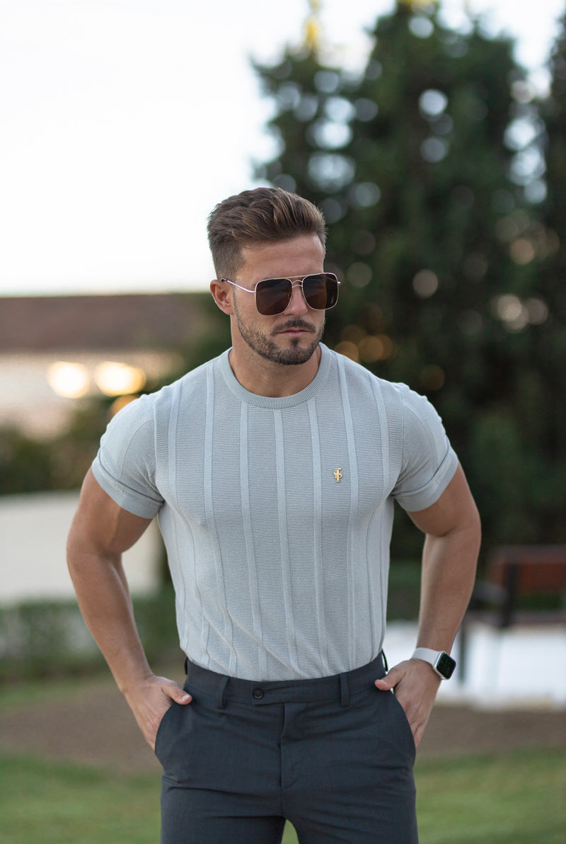 Father Sons Classic Short Sleeve Light Grey Knitted Wide Rib Crew with Gold Emblem - FSH560