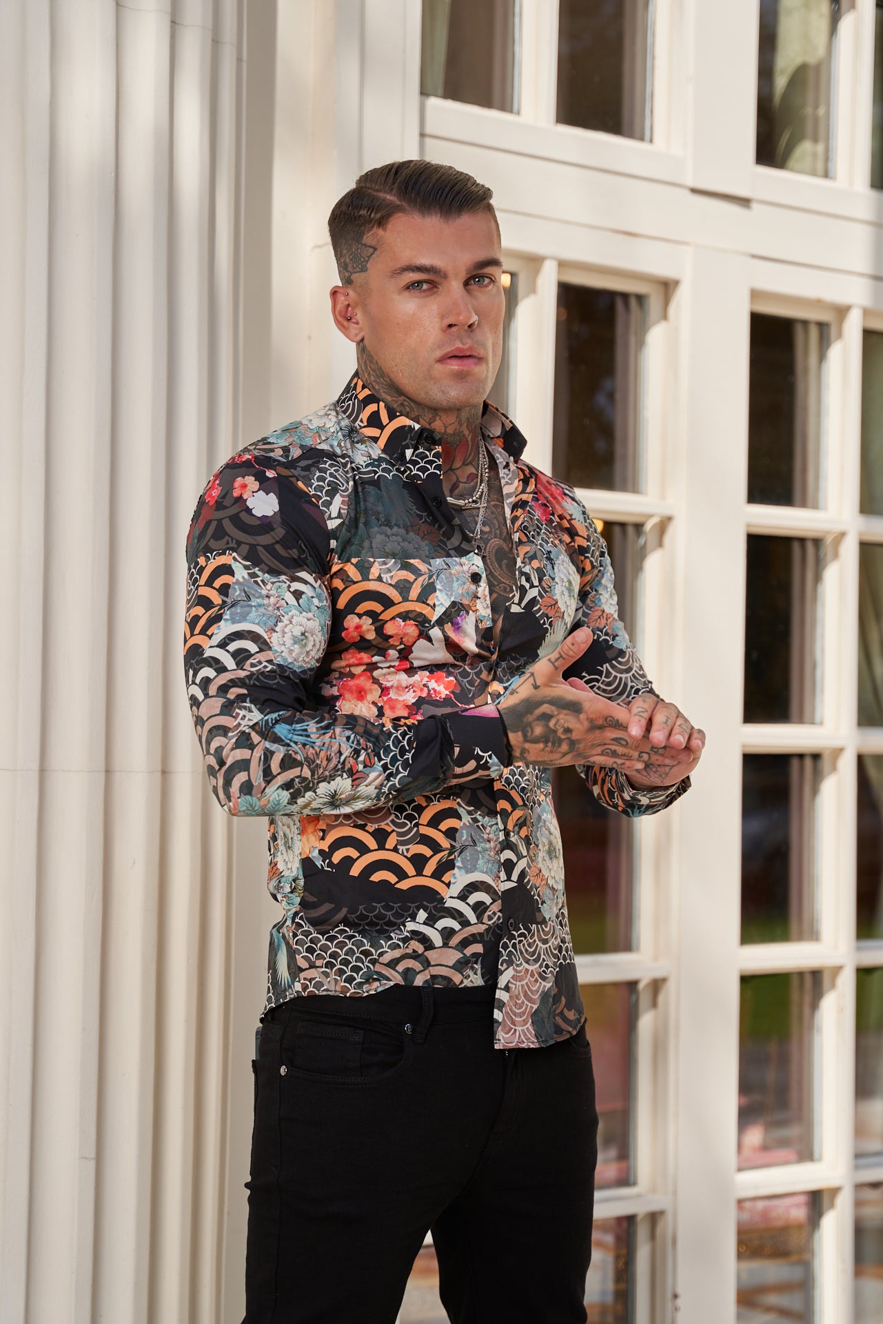 Super Slim Stretch Multi Oriental Print Long Sleeve with Button Down Collar - FS771