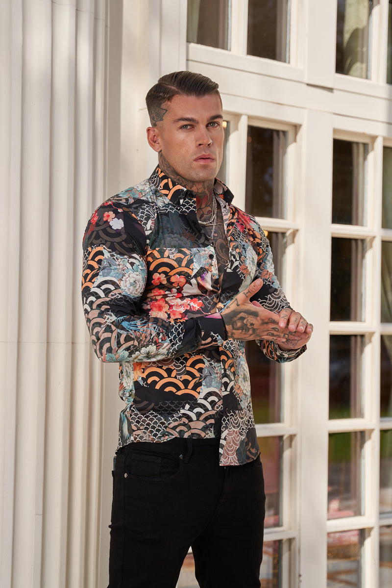 Father Sons Super Slim Stretch Multi Oriental Print Long Sleeve with Button Down Collar - FS771