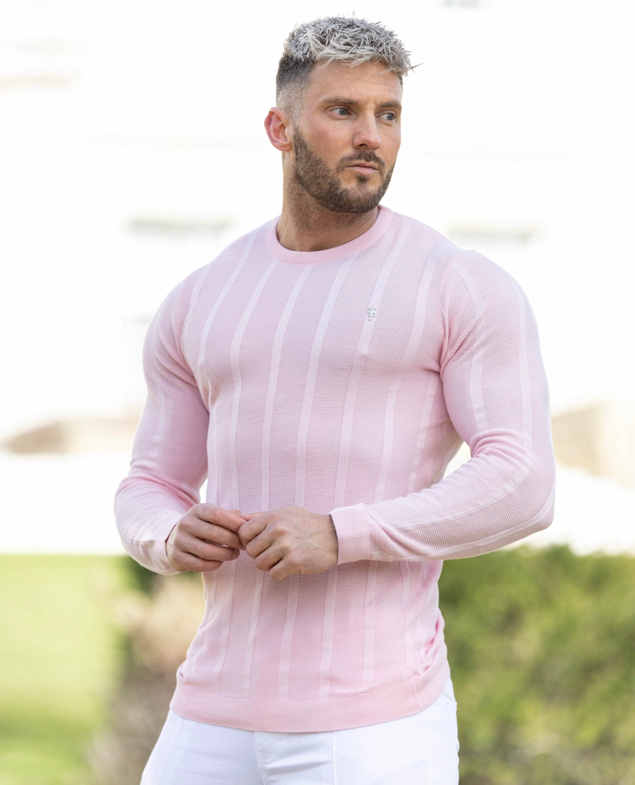 Classic Long Sleeve Baby Pink Knitted Wide Rib Crew with Silver Emblem - FSH736