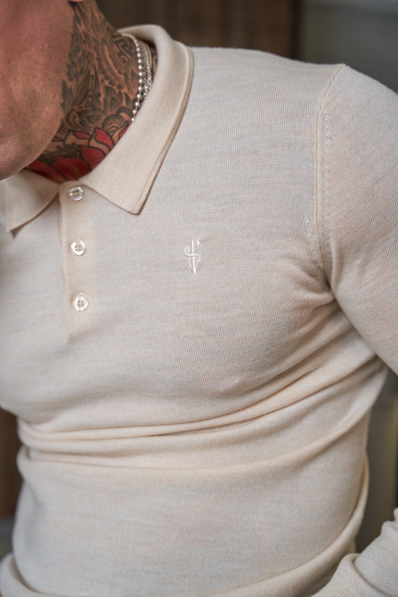 Classic Beige Merino Wool Knitted Polo Jumper Long Sleeve With FS Embroidery- FSN016