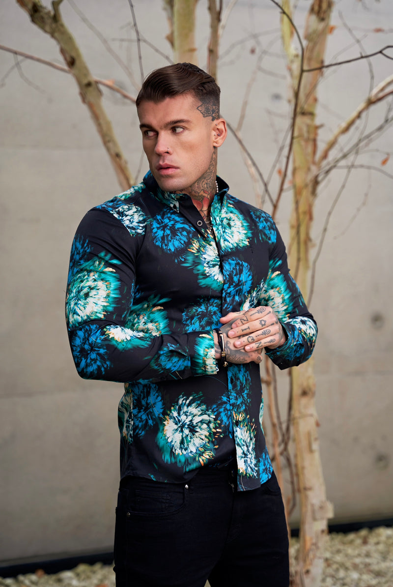 Father Sons Super Slim Stretch Black with Blue / Green Blurred Flower Print Long Sleeve with Button Down Collar - FS846