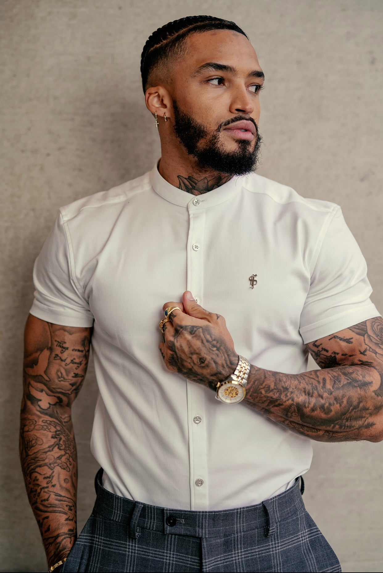 Super Slim Stretch White Denim Short Sleeve Grandad collar with Silver Metal Buttons and Decal Emblem - FS762
