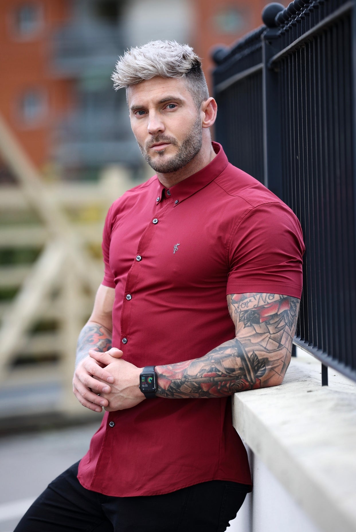 Super Slim Stretch Classic Ox Blood Short Sleeve With Button Down Collar -  FS820