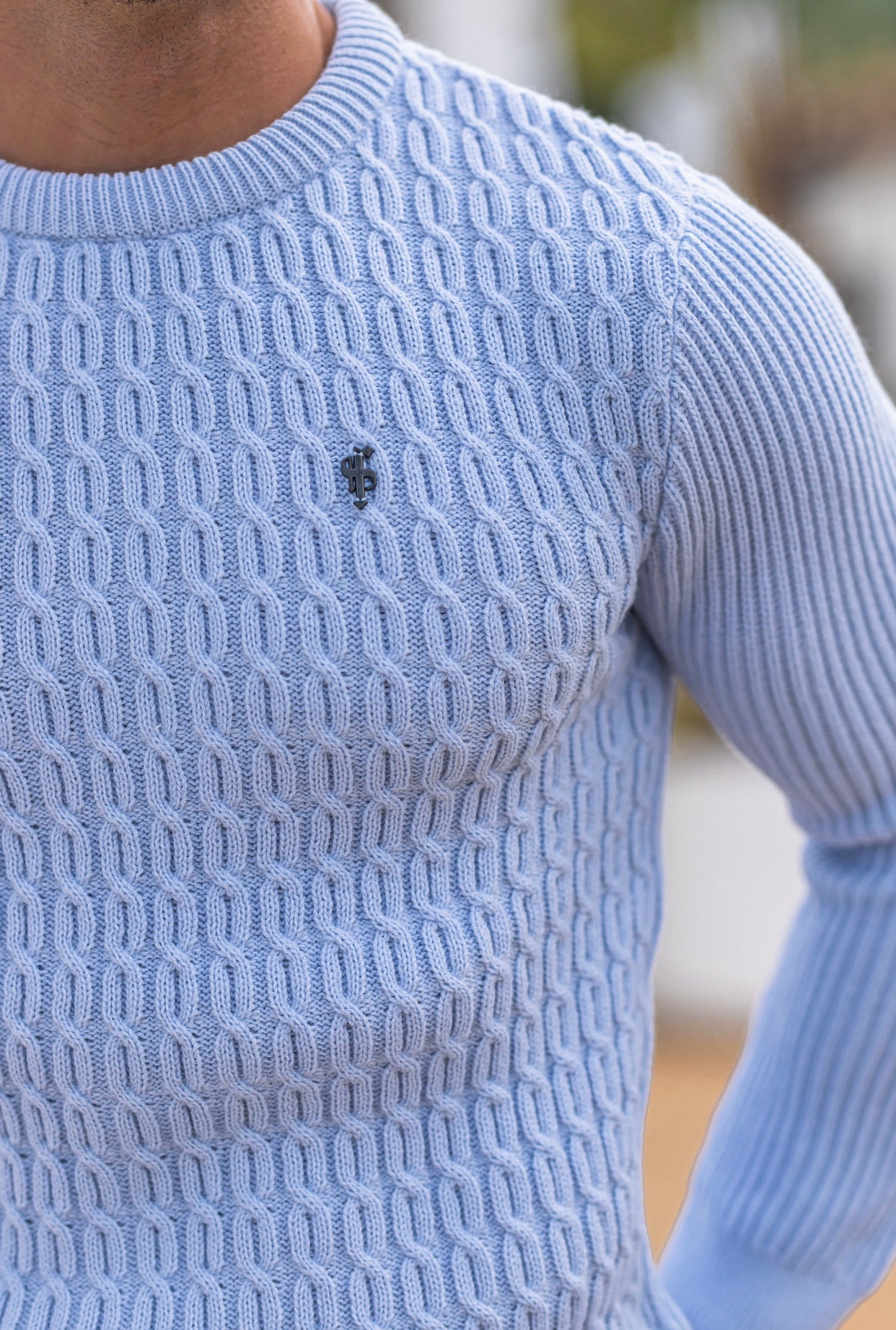 Light Blue Knitted Braided Super Slim Jumper With Metal Decal - FSJ031