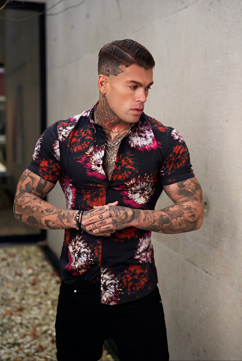 Father Sons Super Slim Stretch Black with Red / Pink Blurred Flower Print Short Sleeve with Button Down Collar - FS845