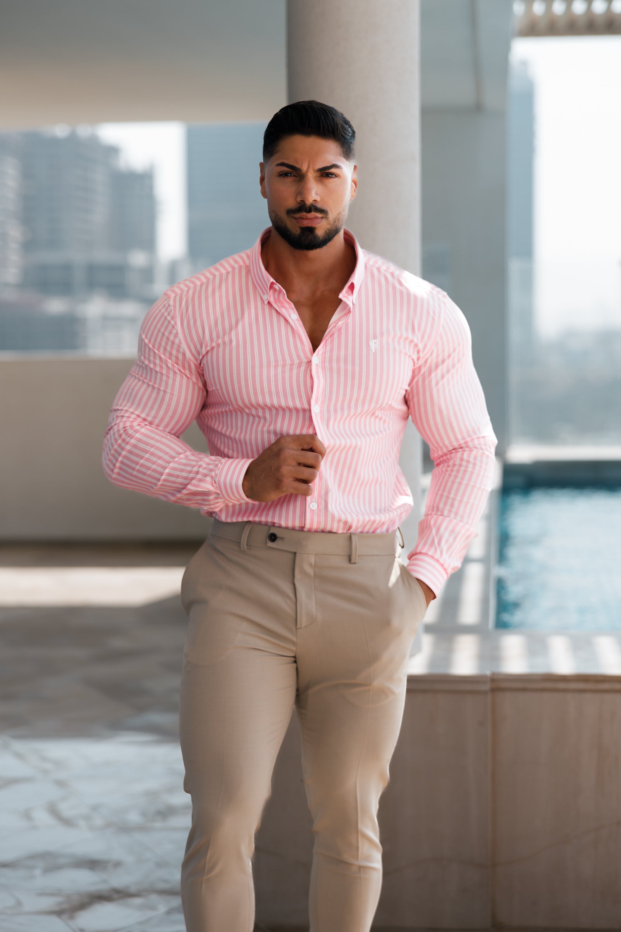 Super Slim Stretch White / Pink Stripe Print Long Sleeve with Button Down Collar - FS888