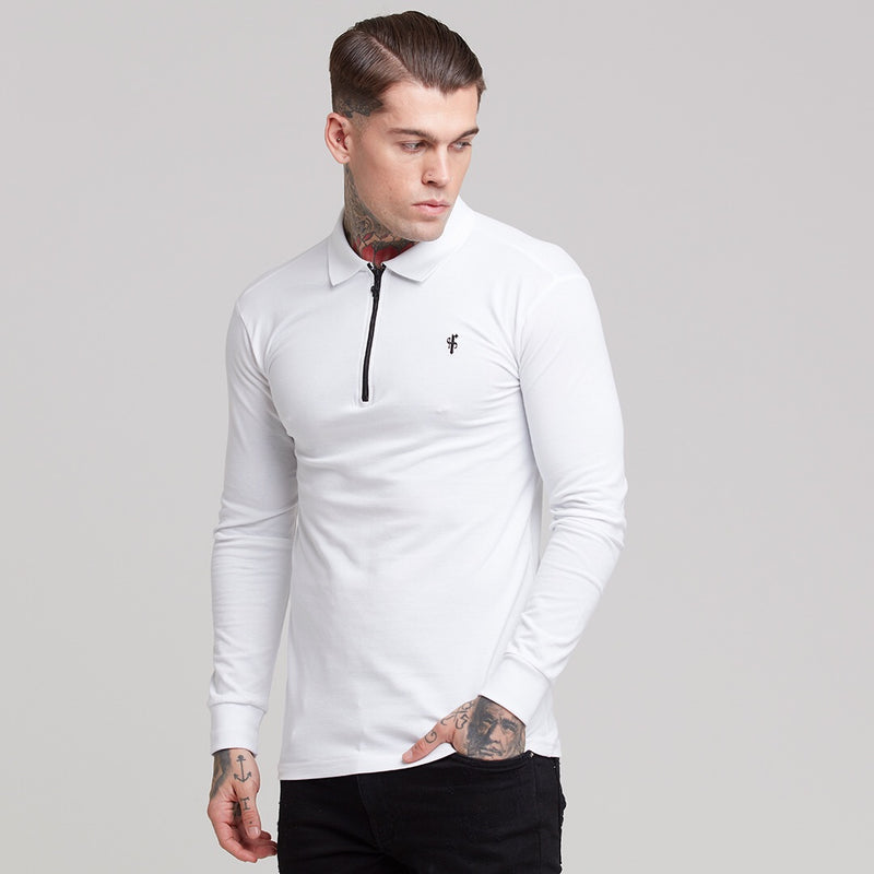 Father Sons Classic White Zipped Long Sleeve Polo Shirt - FSH300