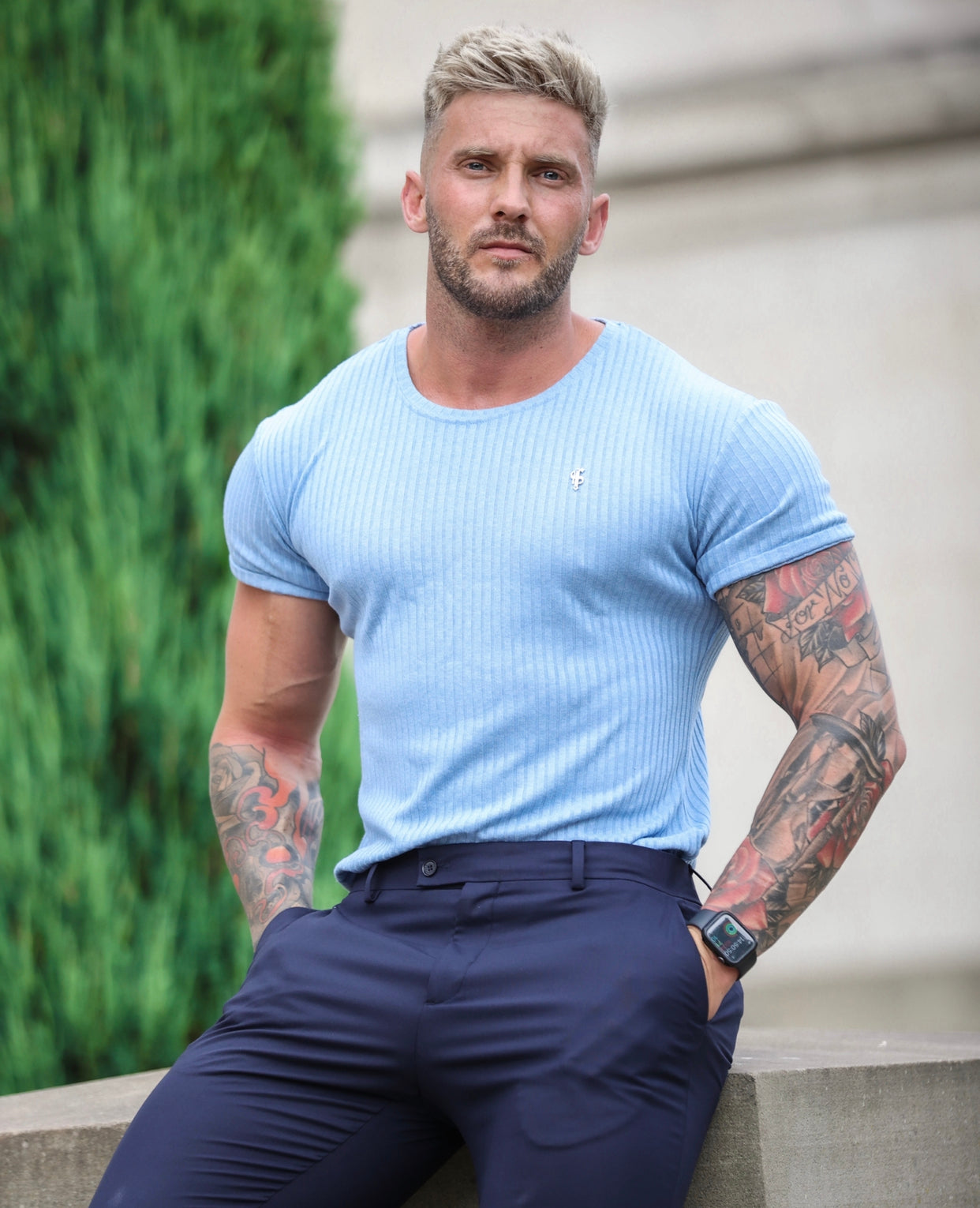 Classic Light Blue Rib Short Sleeve Crew T Shirt With Silver Decal - FSH635