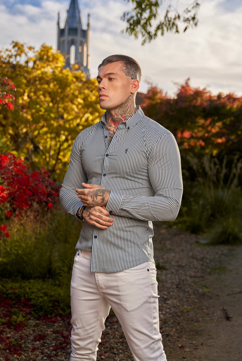 Father Sons Super Slim Stretch White / Navy Stripe Print Long Sleeve with Button Down Collar - FS918