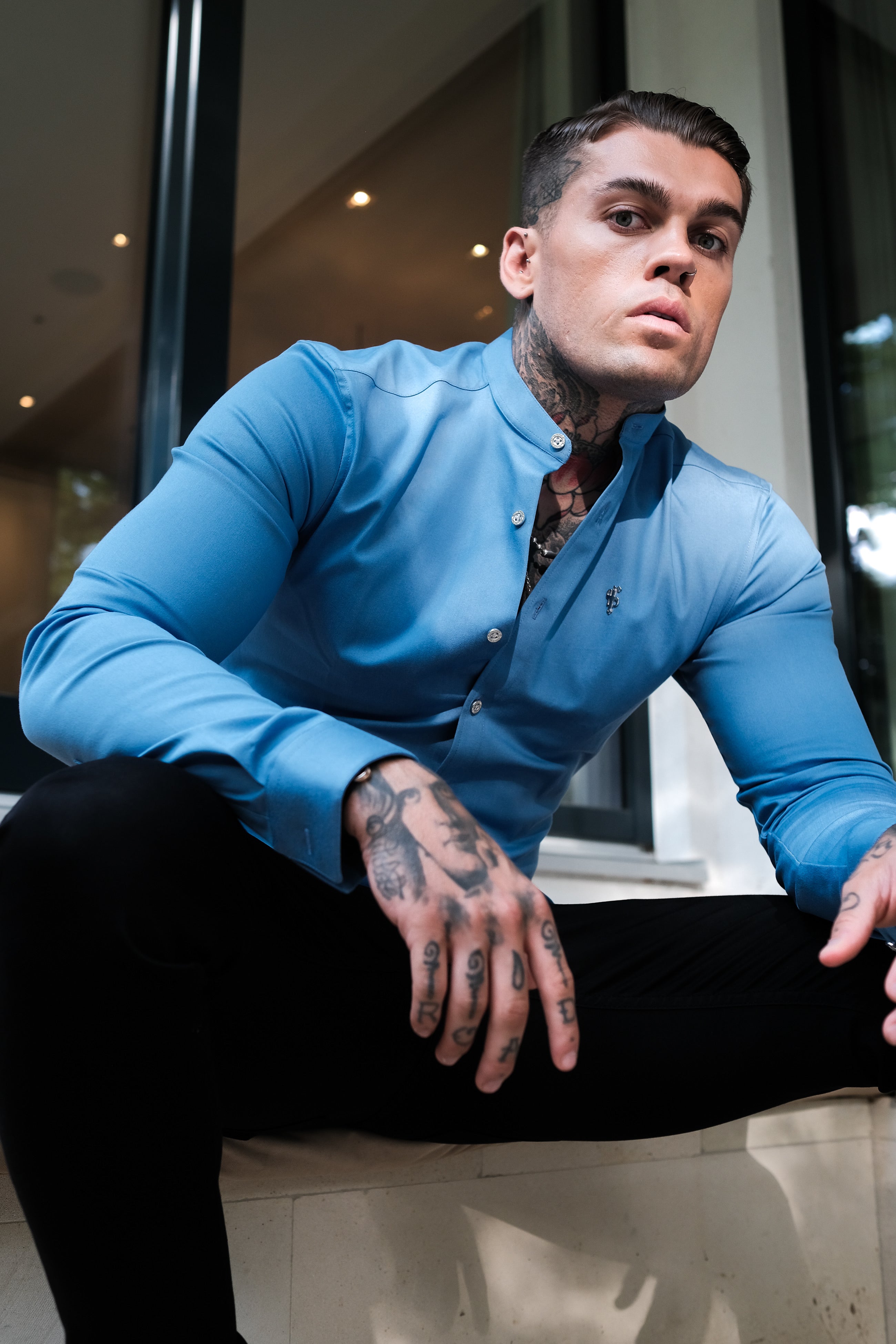 Super Slim Stretch Light Blue Denim Long Sleeve Grandad collar with Metal Buttons and Decal Emblem - FS717