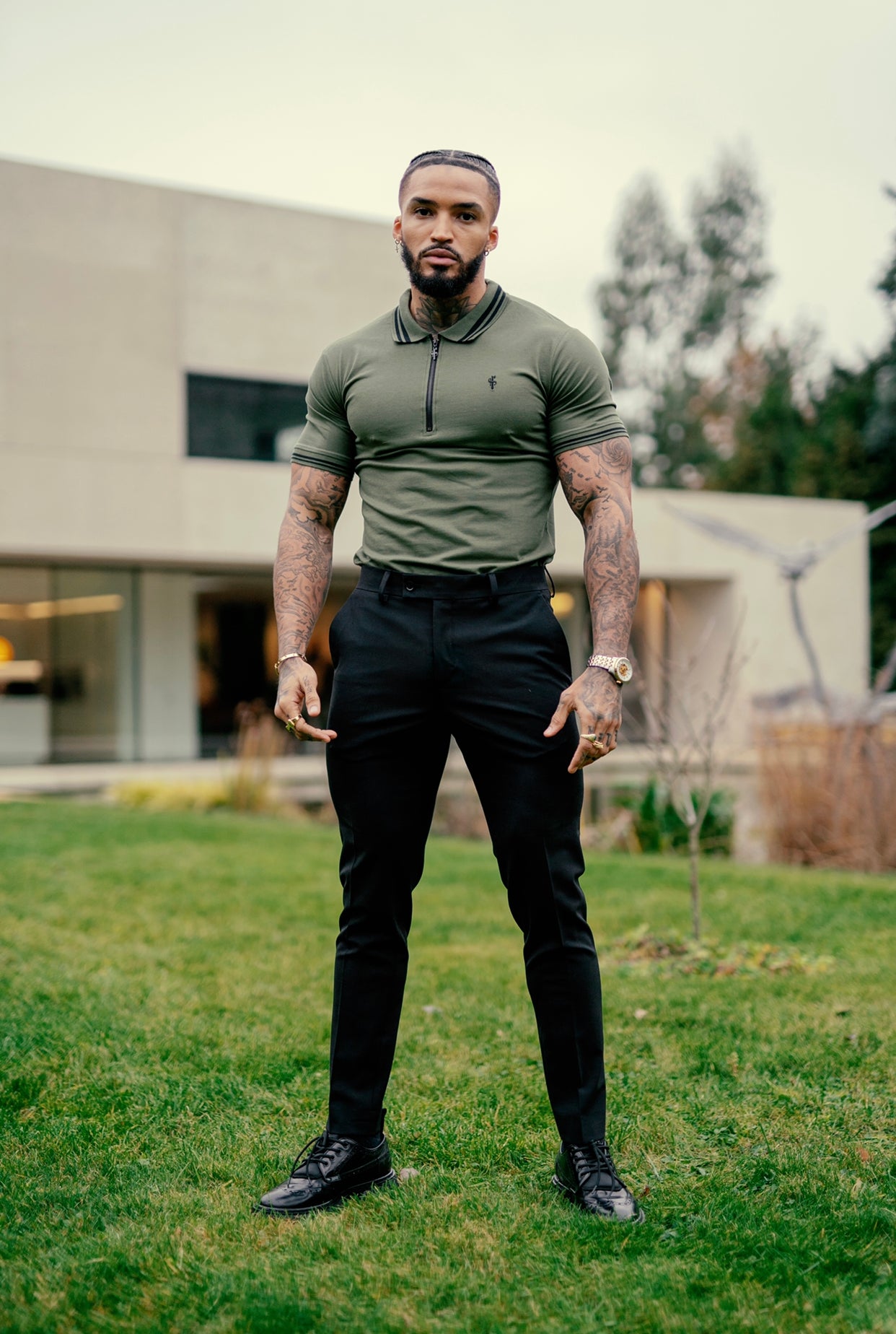 Khaki and Black Collar Contrast Zip Polo - FSH337