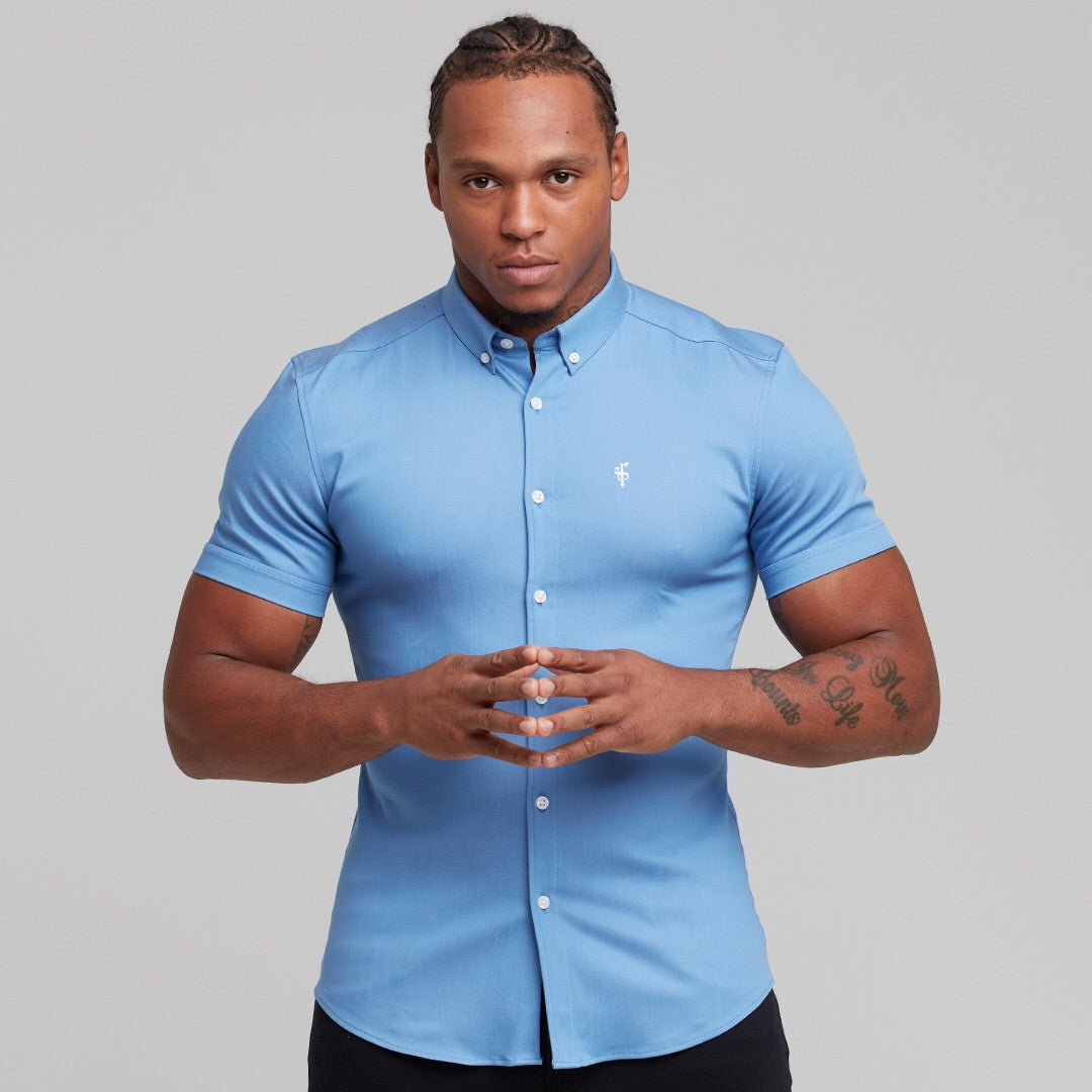Super Slim Stretch Light Blue Denim Short Sleeve - FS200