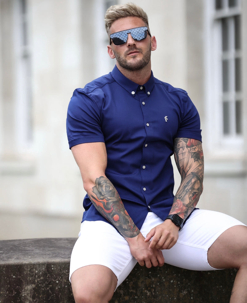 Father Sons Super Slim Stretch Navy Denim Short Sleeve with Button Down Collar and Metal Buttons and Emblem - FS761