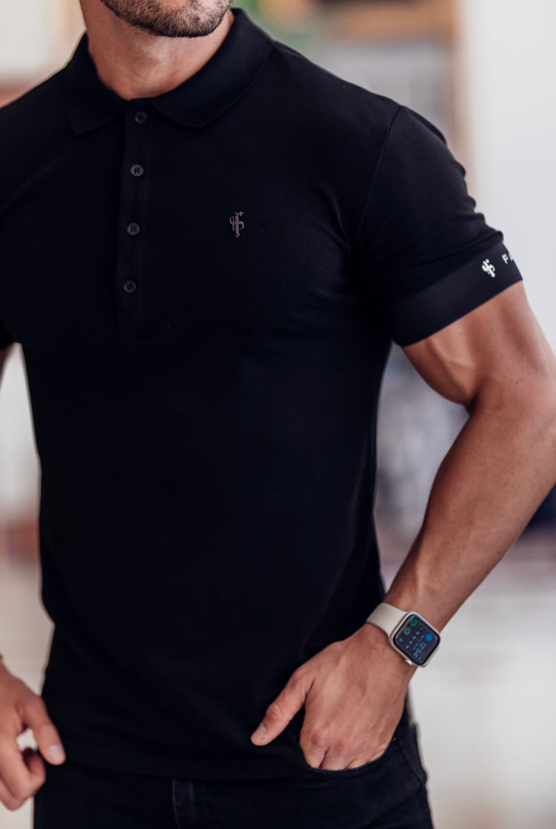 Father Sons Classic Black Polo with FS Elastic Sleeve Branding and Black Metal Emblem - FSH631