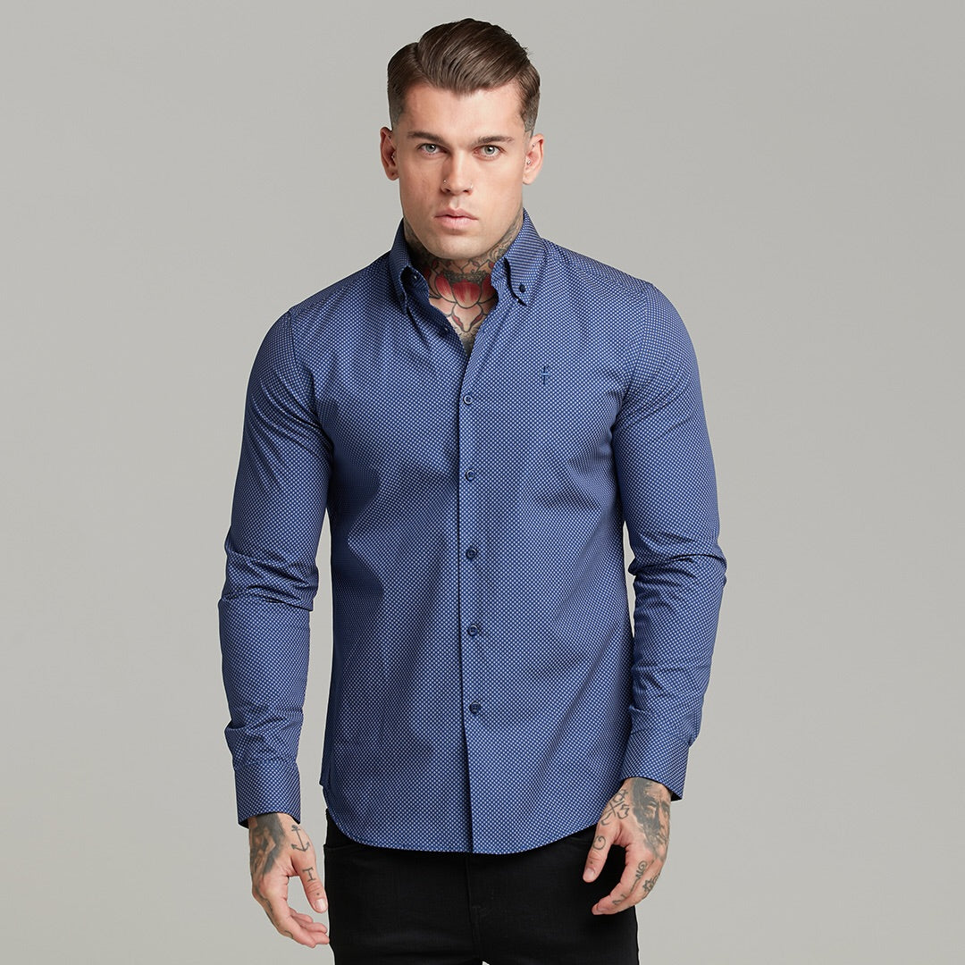 Classic Navy Print Button Down - FS606 (LAST CHANCE)