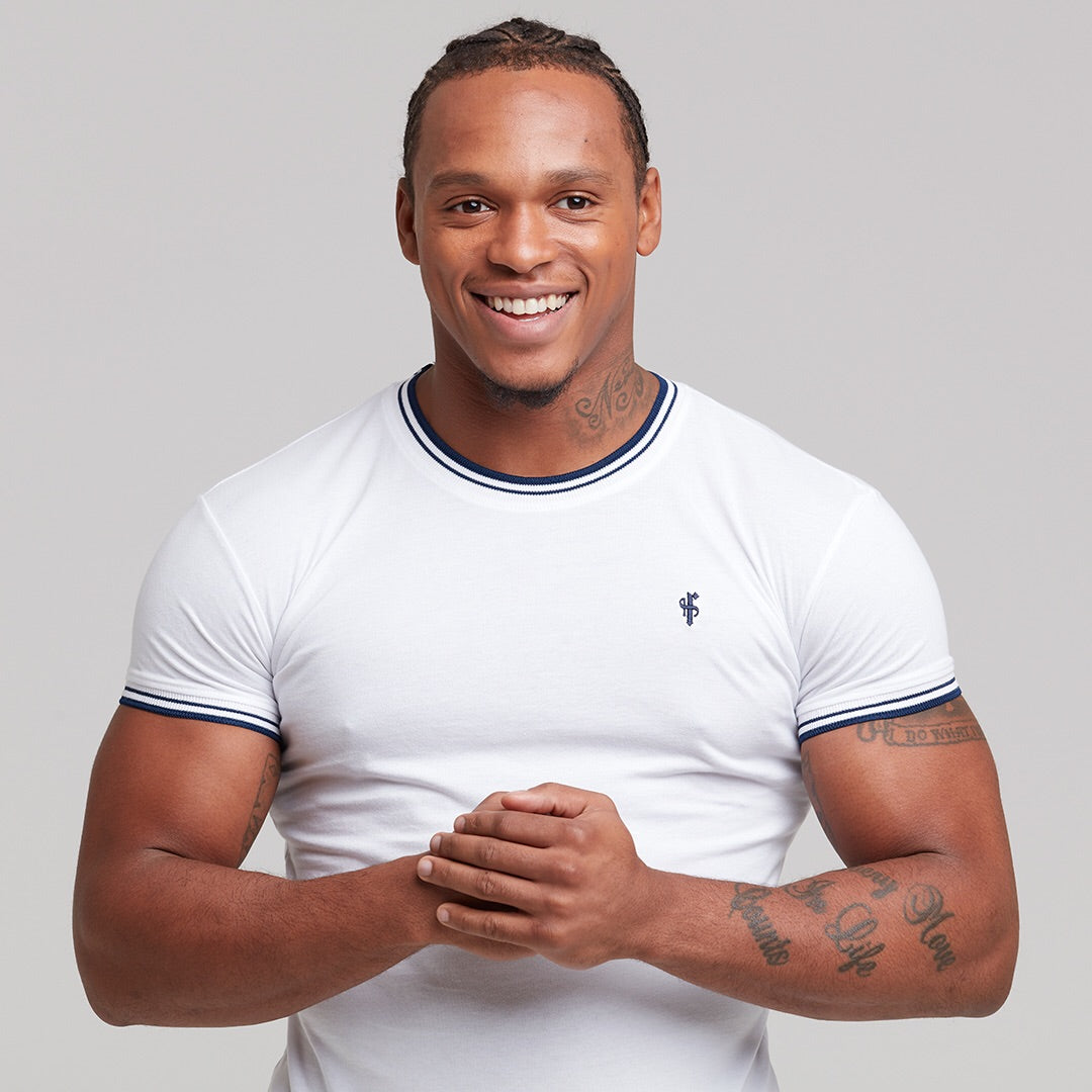 White with Navy Contrast Crew - FSH264