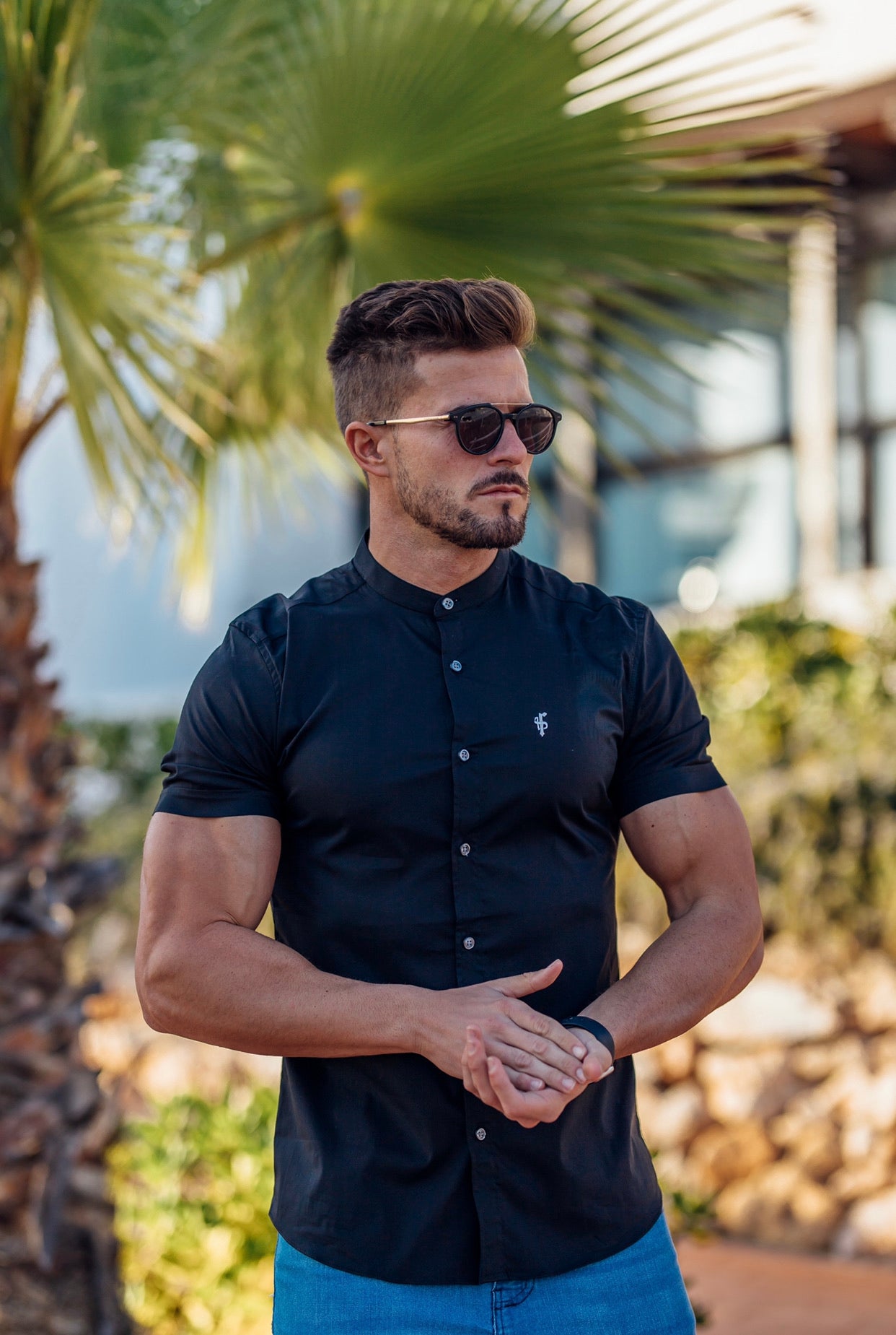Super Slim Stretch Classic Black Grandad Collar Short Sleeve - FS173