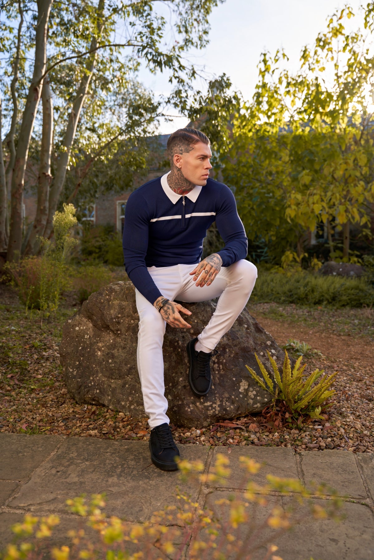 Classic Navy / White Horizontal Stripe Zipped Polo Long Sleeve
