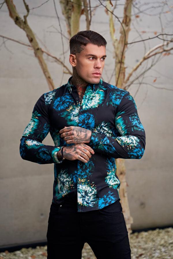 Father Sons Super Slim Stretch Black with Blue / Green Blurred Flower Print Long Sleeve with Button Down Collar - FS846