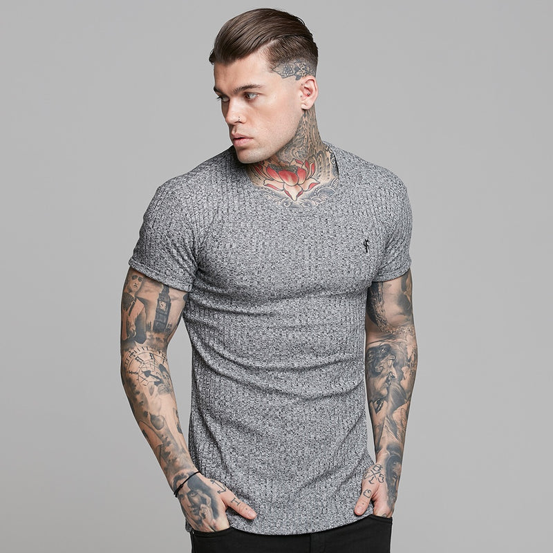 Father Sons Classic Grey Ribbed Knit Super Slim Long Line Crew- FSH173