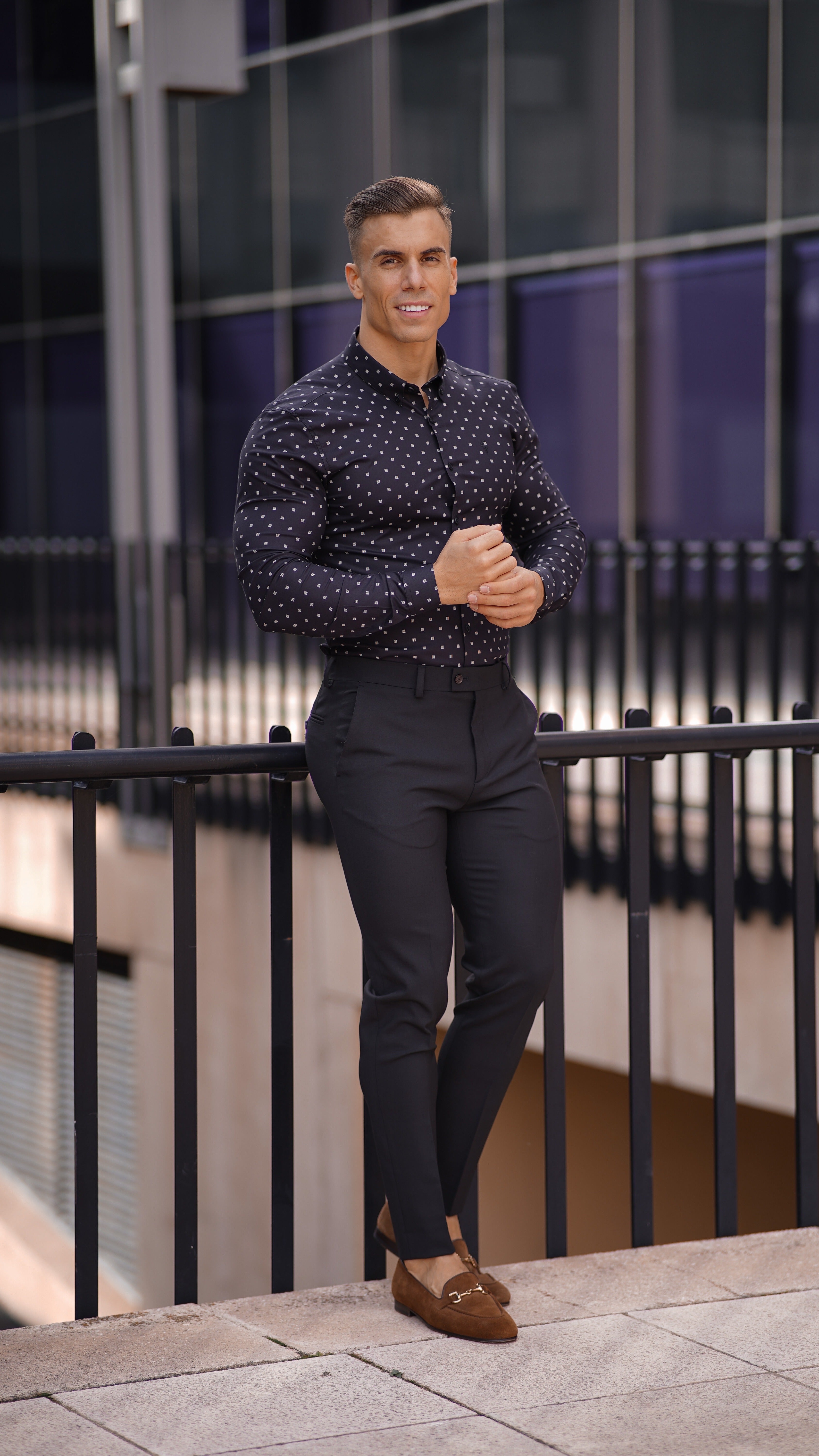 Super Slim Stretch Black & Off White Broken Square Print Long Sleeve - FS662