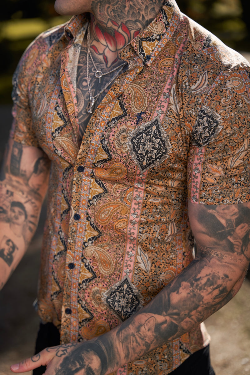 Father Sons Super Slim Stretch Tan Paisley Print Short Sleeve with Button Down Collar - FS891