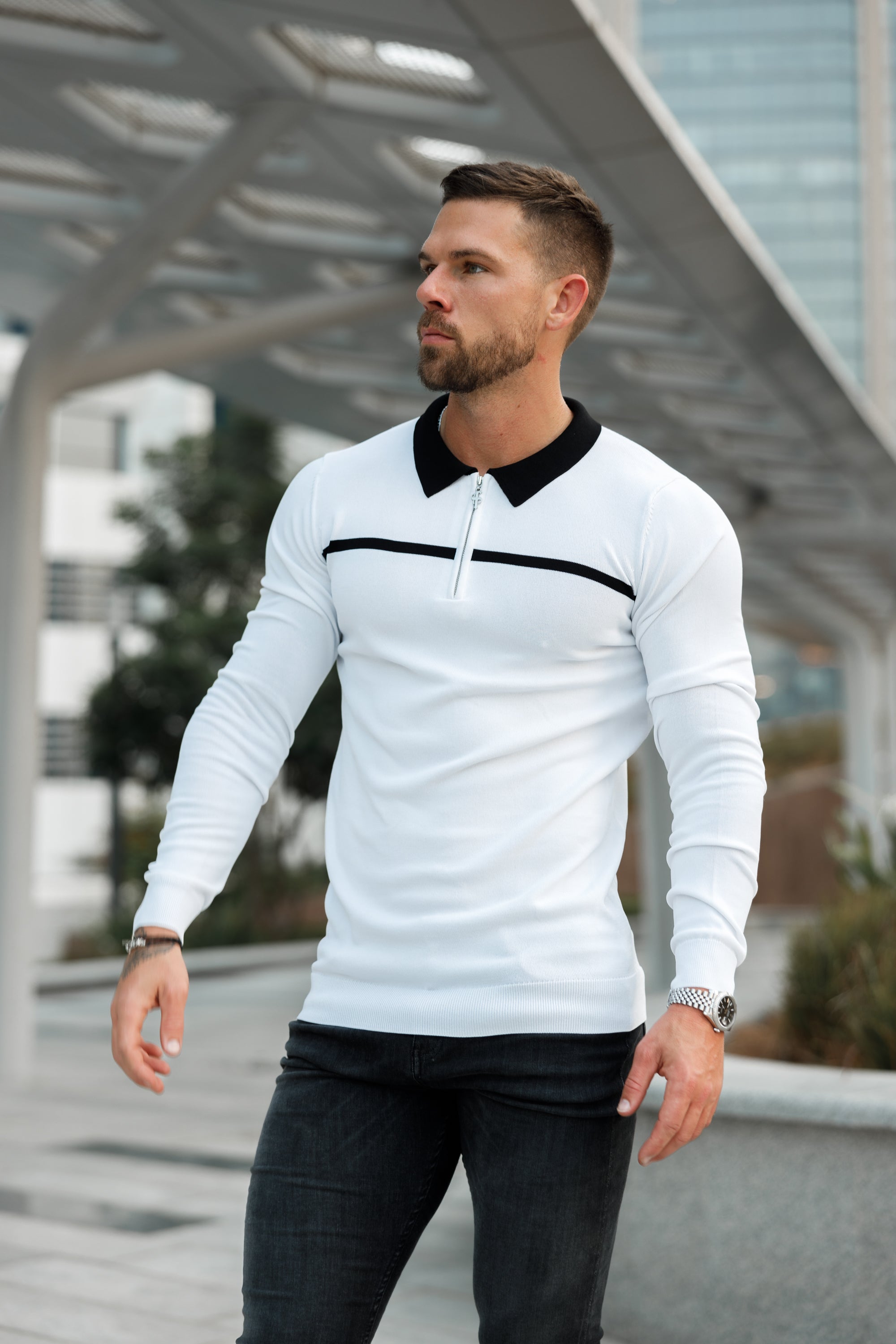Classic White / Black Horizontal Stripe Zipped Polo Long Sleeve - FSN050