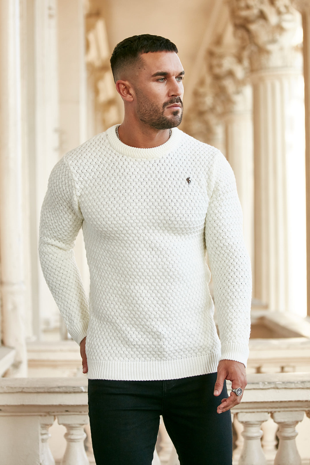 Cream Knitted Weave Super Slim Jumper With Metal Decal - FSJ012