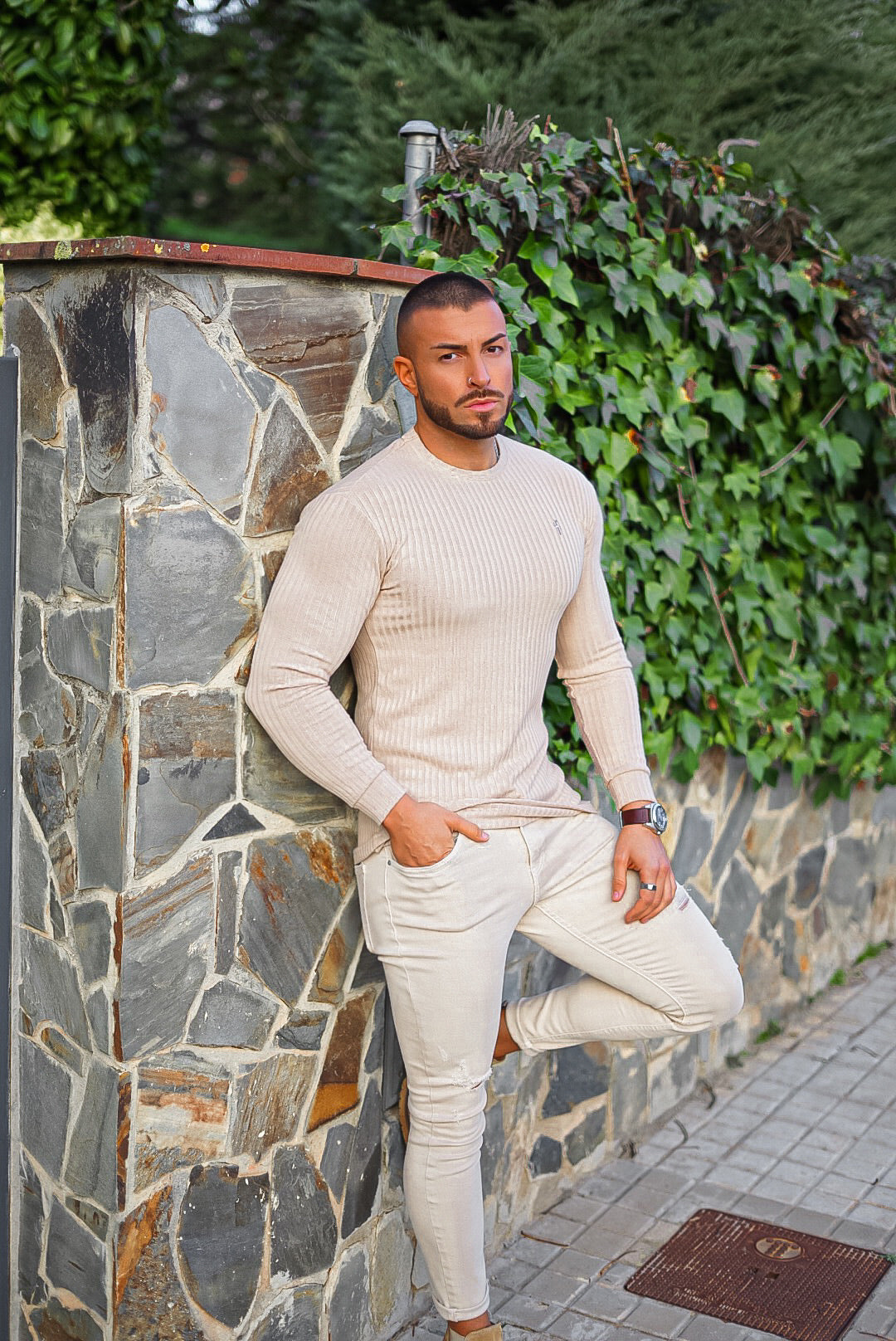 Classic Beige Long Sleeve Ribbed Knit Super Slim Crew - FSH293