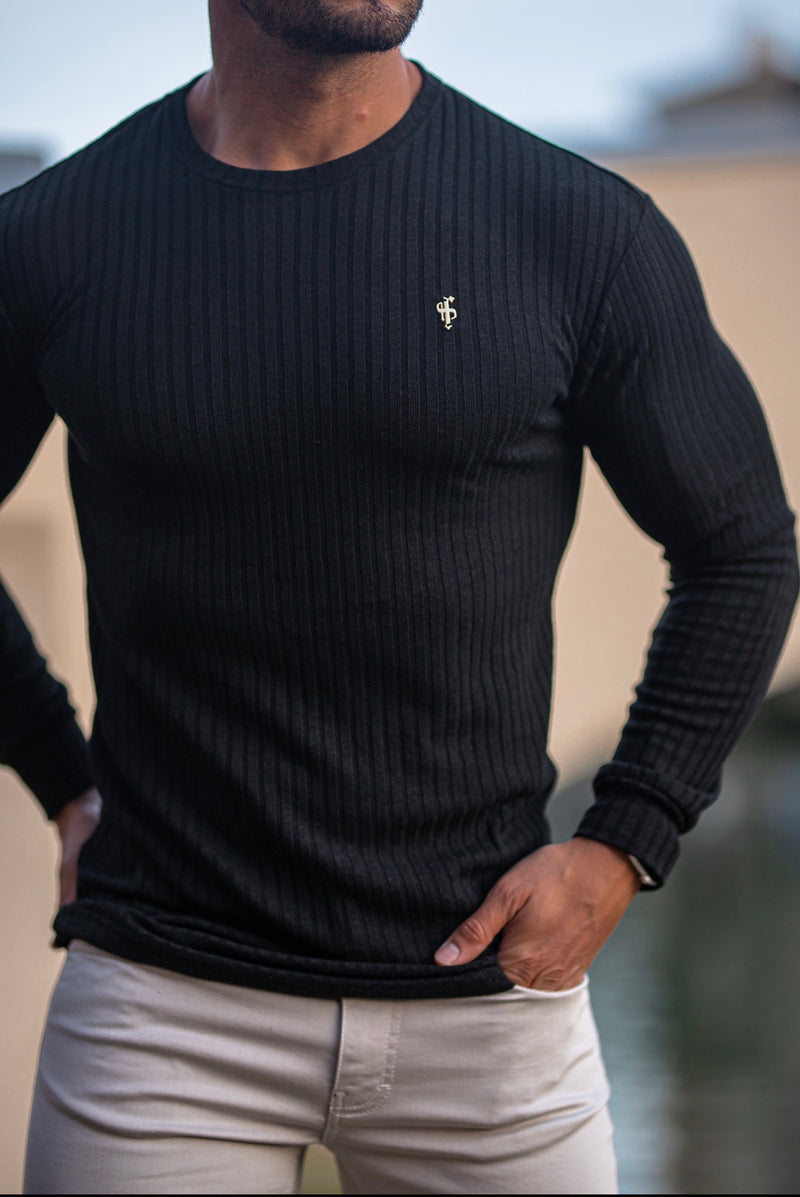Father Sons Classic Black Ribbed Knit Super Slim Crew Long Sleeve with Gold Metal Emblem - FSH533