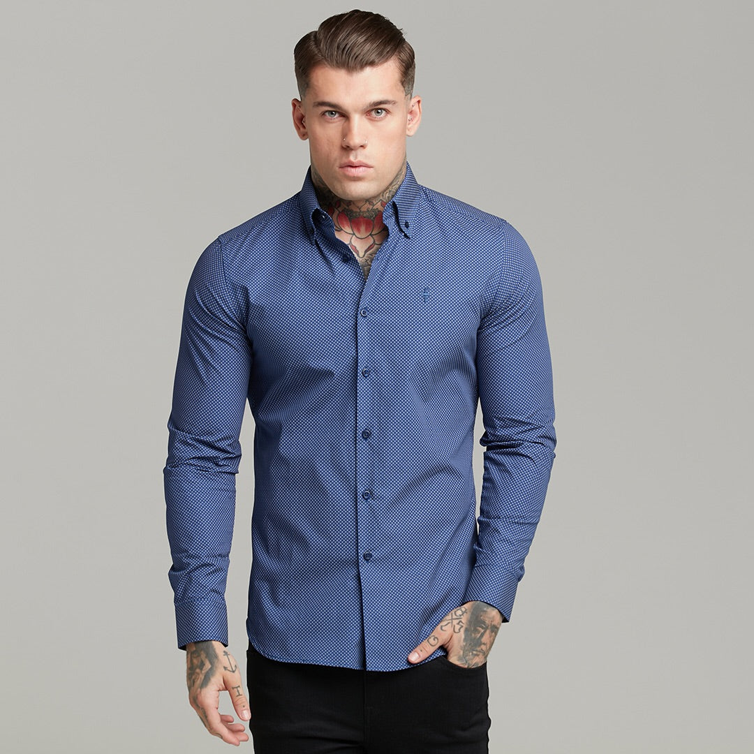 Classic Navy Print Button Down - FS606 (LAST CHANCE)