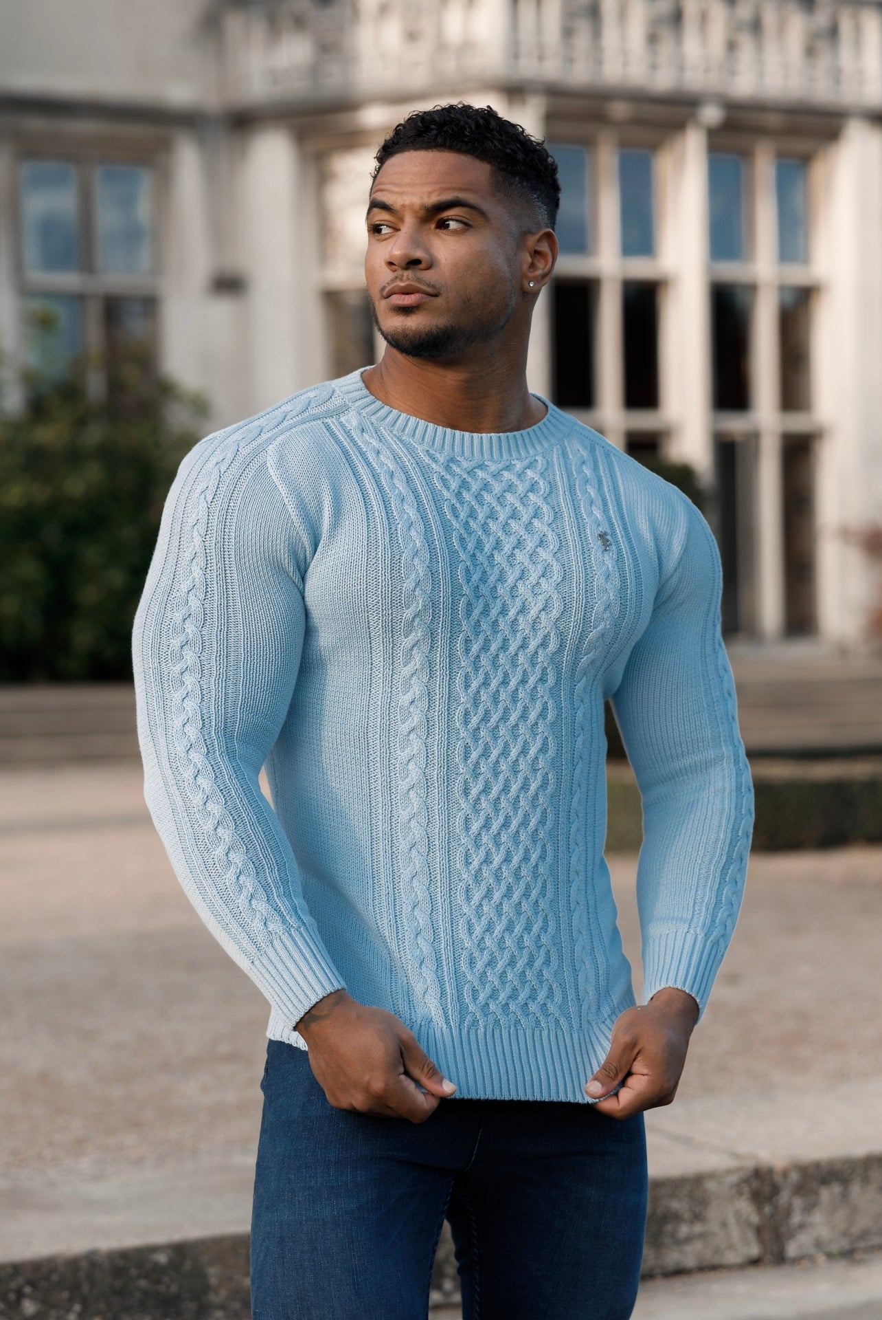 Sky Blue Knitted Cable Saddle Crew Super Slim Jumper With Metal Decal - FSN081