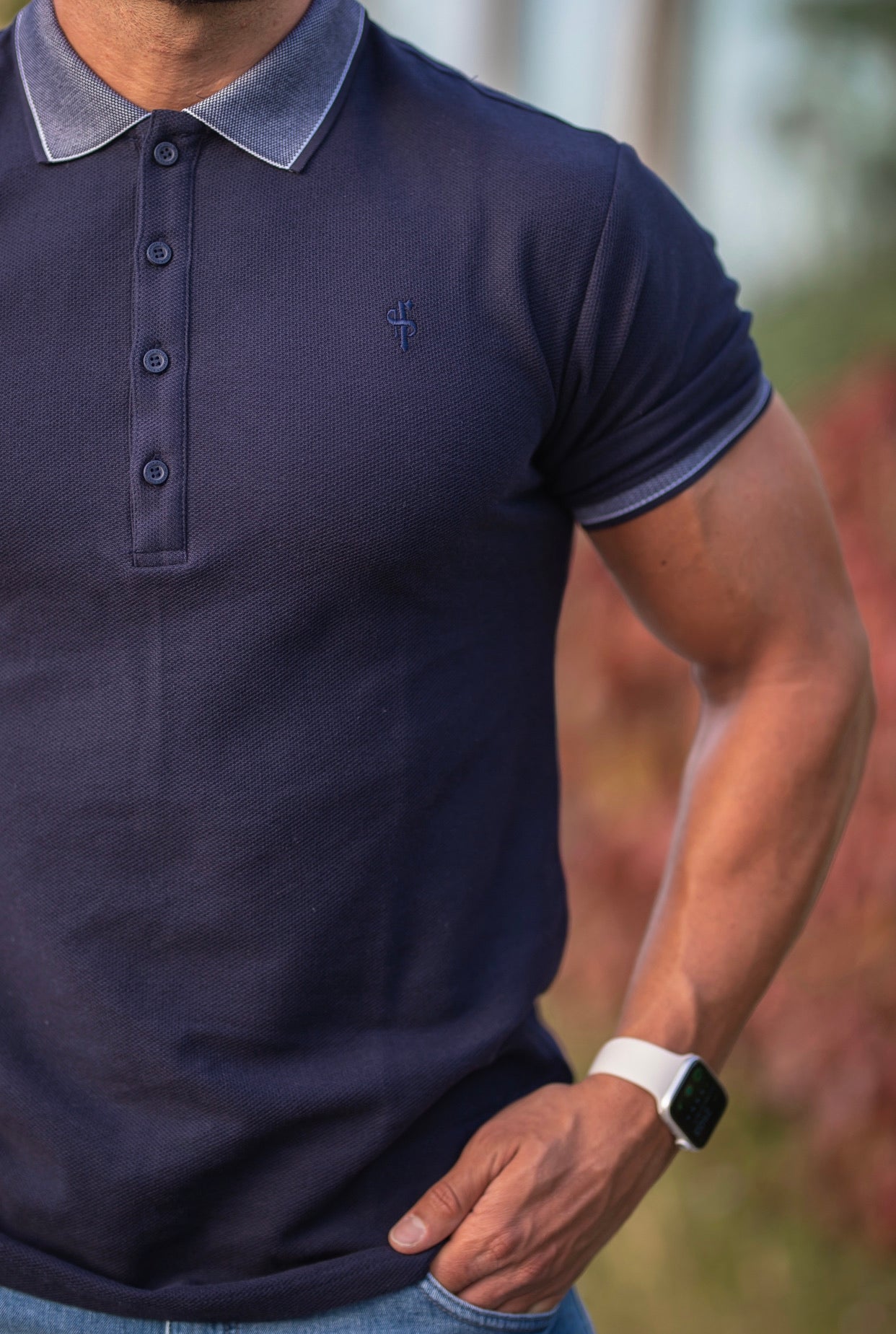 Classic Navy Honeycomb Textured Polo Shirt with Contrast Collar Short Sleeve  - FSH424