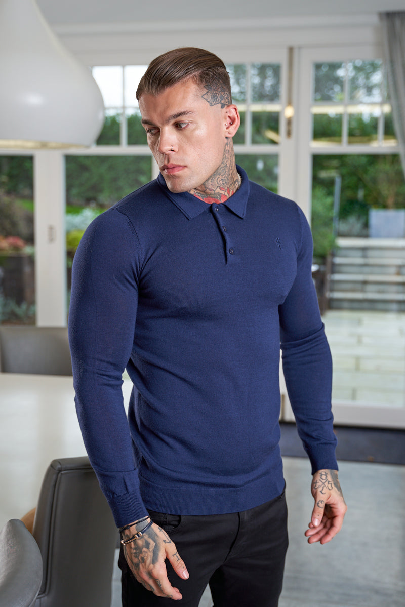 Father Sons Classic Navy Merino Wool Knitted Polo Jumper Long Sleeve With FS Embroidery- FSN015