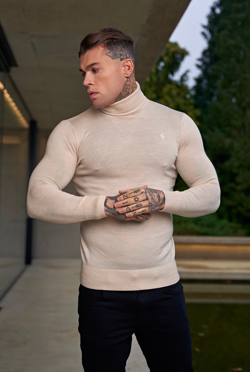 Father Sons Classic Beige Roll Neck Merino Wool Knitted Jumper With FS Embroidery - FSN012