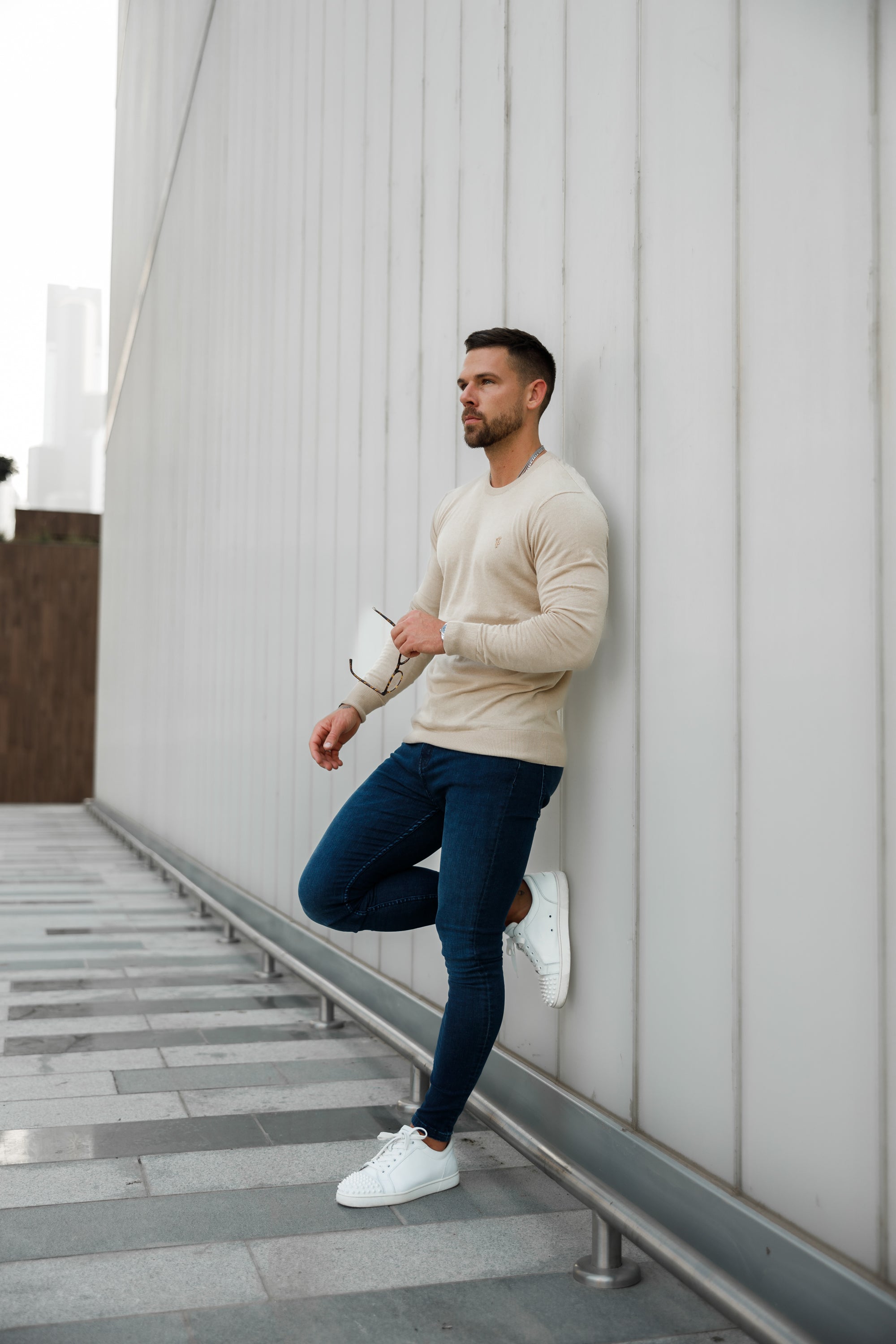 Classic Beige Light Weight Knitted Crew Neck with Gold Metal Decal - FSN093