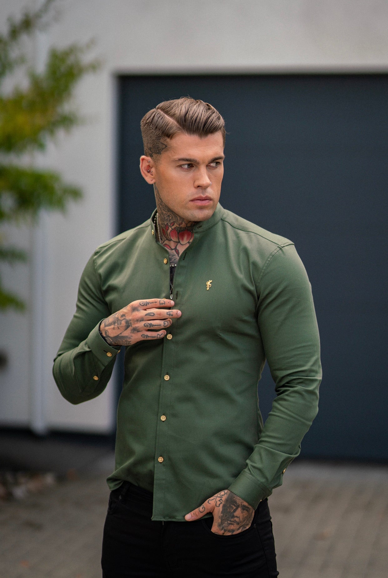 Super Slim Stretch Khaki Denim Long Sleeve Grandad collar with Metal Buttons and Decal Emblem - FS715